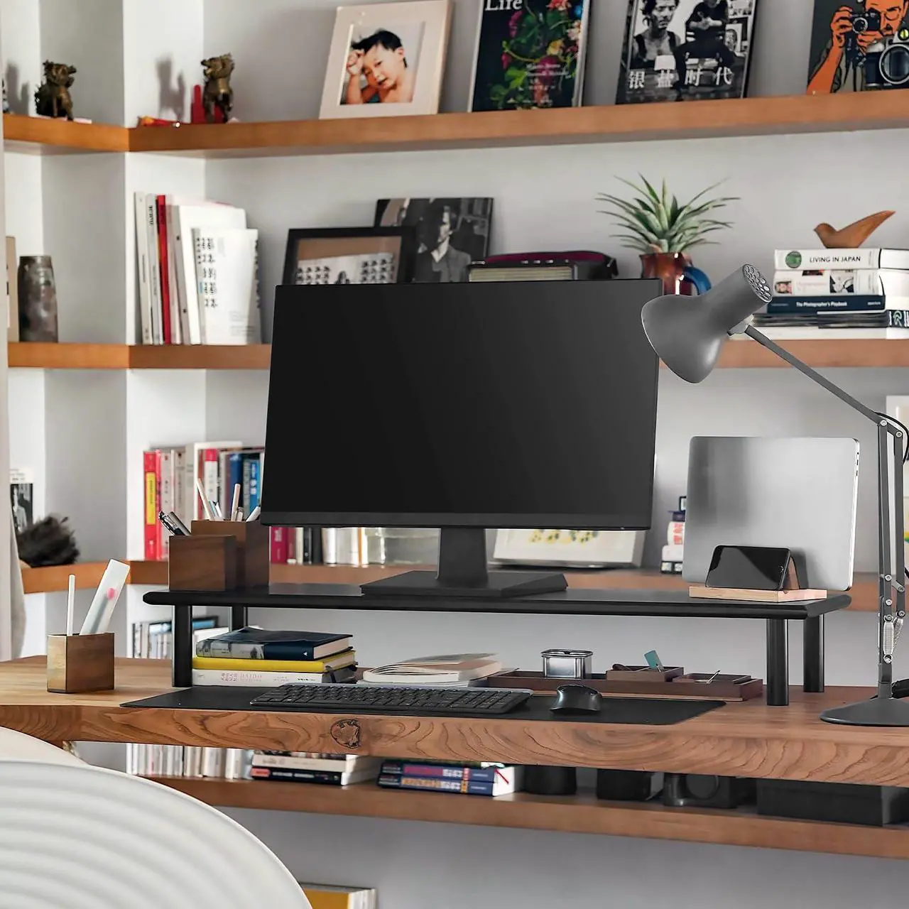 Alt view image 5 of 5 - ROCDEER Dual Monitor Stand Riser, Black Desk Monitor Riser for 2 Monitors+ Wood Vanity Tray, 6-Piece Countertop Organizer Vanity Tray Set