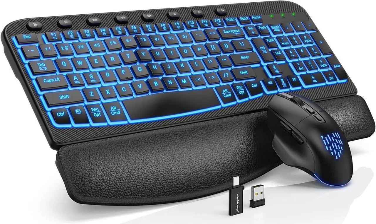 Main image of SABLUTE Ergonomic Wireless Keyboard and Mouse Combo - Wave Keyboard with Soft Leather Wrist Rest, Resistant Keys, RGB Backlit Rechargeable Set for PC/Mac/Chromebook (Black)