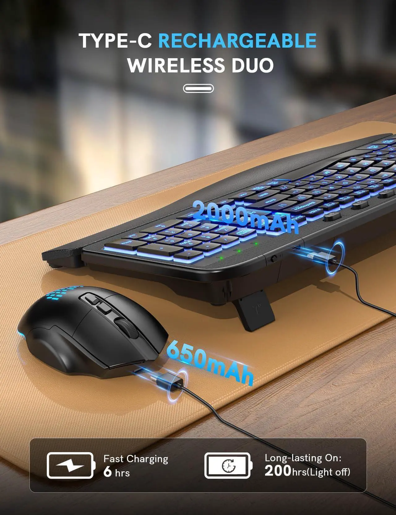 Alt view image 4 of 5 - SABLUTE Ergonomic Wireless Keyboard and Mouse Combo - Wave Keyboard with Soft Leather Wrist Rest, Resistant Keys, RGB Backlit Rechargeable Set for PC/Mac/Chromebook (Black)