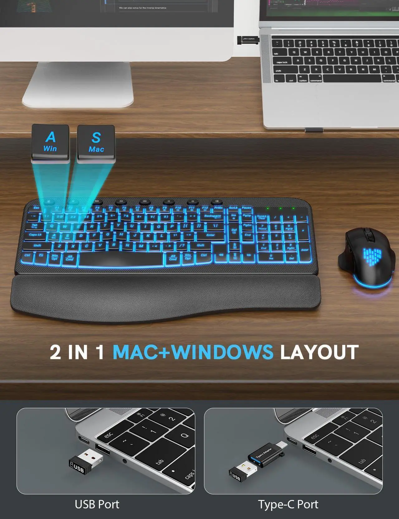 Alt view image 5 of 5 - SABLUTE Ergonomic Wireless Keyboard and Mouse Combo - Wave Keyboard with Soft Leather Wrist Rest, Resistant Keys, RGB Backlit Rechargeable Set for PC/Mac/Chromebook (Black)