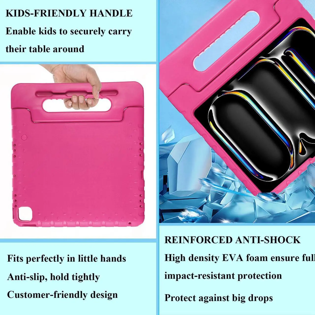 Alt view image 4 of 5 - Kids Case for iPad Air 13-inch M3 (2025) / M2 (2024) & iPad Pro 13 inch M4 (2024) with Pencil Holder/Kickstand, UUcovers Durable Handle Stand Cute Lightweight Soft EVA Foam Shockproof Cover, Rose