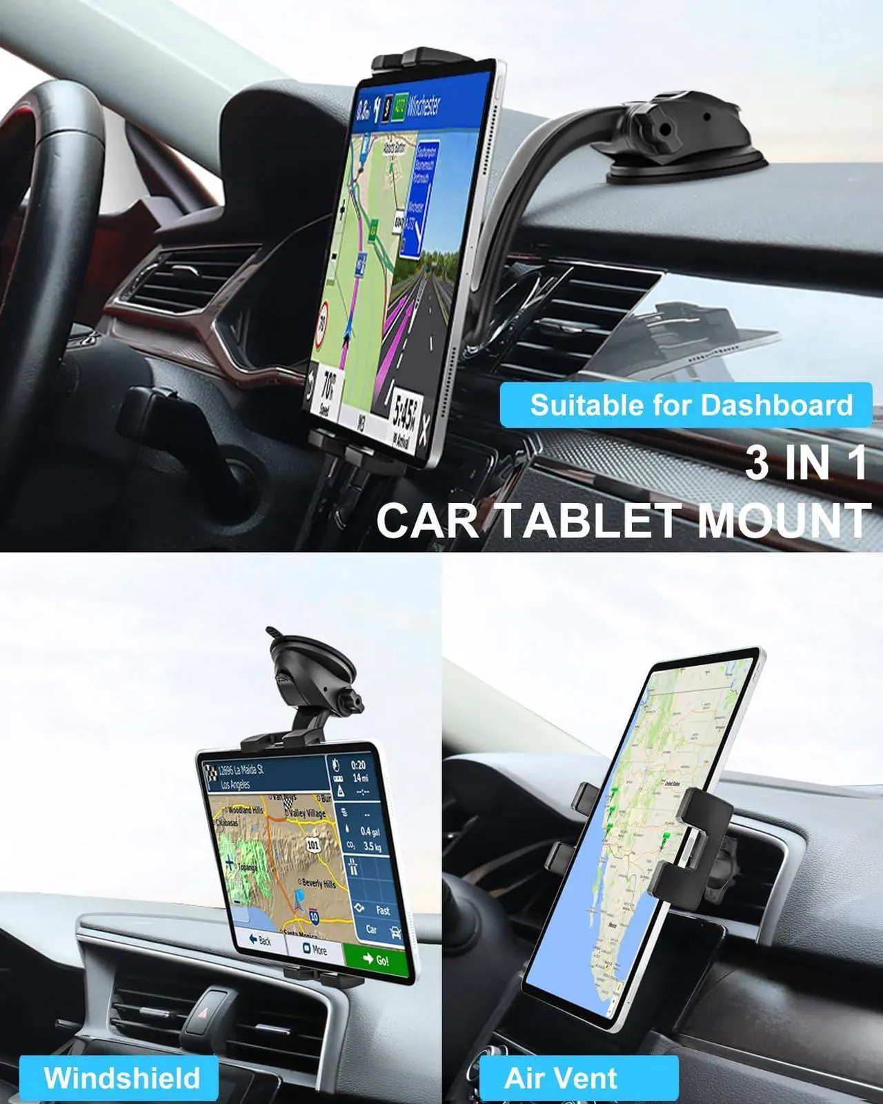 Alt view image 2 of 5 - woleyi 3 in 1 Car Tablet Holder Mount, Universal Strong Suction Cup Tablet Holder for Car Dashboard Windshield Air Vent, for iPad Pro, Air, Mini, Galaxy Tabs, Z Fold, Fire HD, iPhone, 4.7-13" Devices