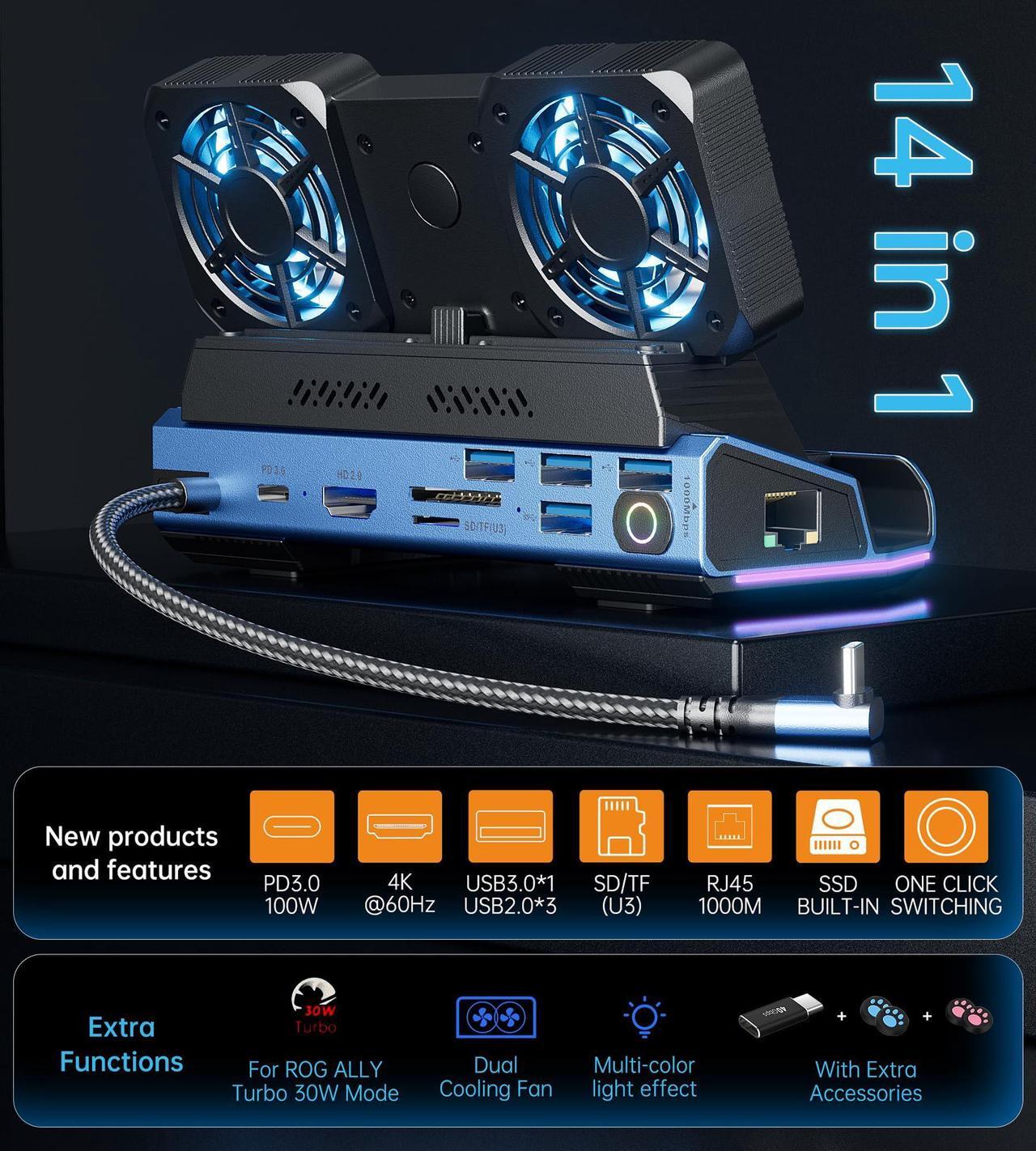 Alt view image 3 of 5 - Legion Go/ROG Ally/Steam Deck Dock - 14-in-1 Docking Station Dismantling Dual Cool Fans Steam, M.2 NVMe Enclosure,4K@60Hz,4 USB Ports,100W PD Charging, Gigabit Ethernet Fit for Steam Deck