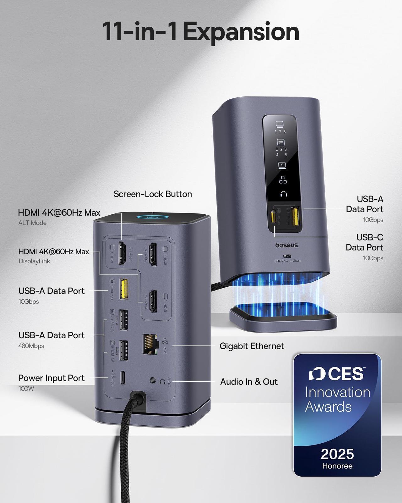 Alt view image 3 of 5 - [CES Picks Awards 2025] Baseus SpaceMate(MAC) Docking Station, USB C Docking Station 3 Monitors with 4K HDMI, 10Gbps USB Ports, 100W PD, Gigabit Ethernet, Audio, Laptop Docking Station for Mac & Win