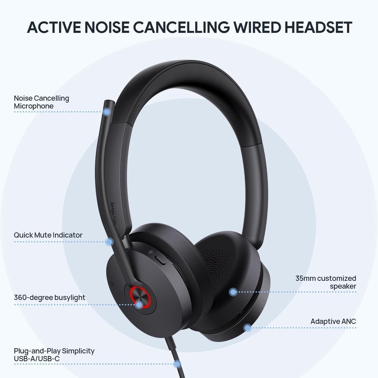 Alt view image 2 of 5 - Yealink UH48 ANC USB Headset with Microphone, Active Noise Cancelling Wired Headphones for PC Computer, Works with Zoom Teams and Other Call Platforms, USB-A or USB-C Connectivity, Mute Button
