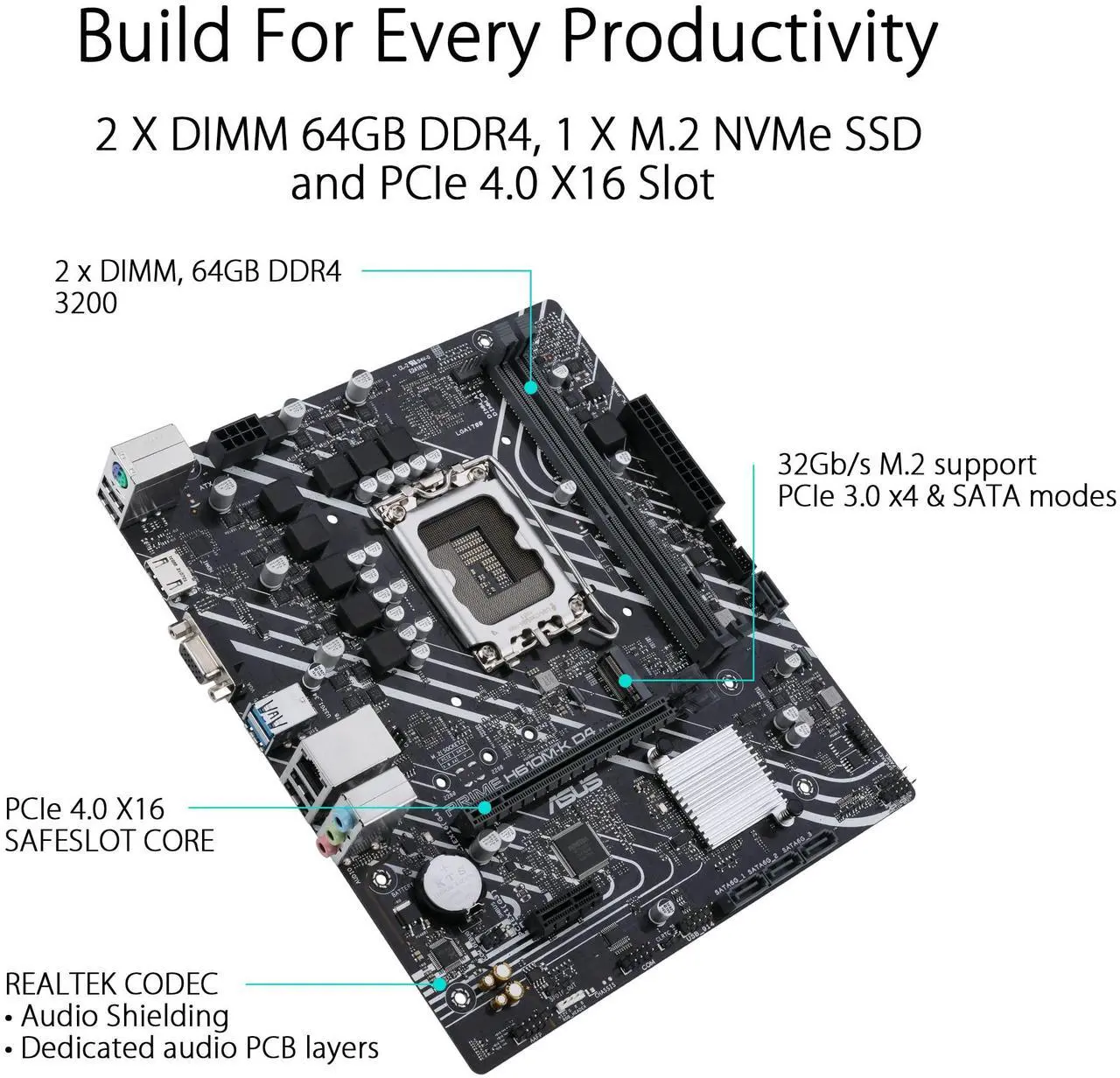 Alt view image 4 of 5 - ASUS Prime H610M-K D4 Intel H610 (LGA 1700) mic-ATX Motherboard with DDR4, PCIe 4.0, M.2 Slot, Realtek 1 Gb Ethernet, HDMI, D-Sub,USB 3.2 Gen 1 Ports, SATA 6 Gbps, COM Header, RGB Header