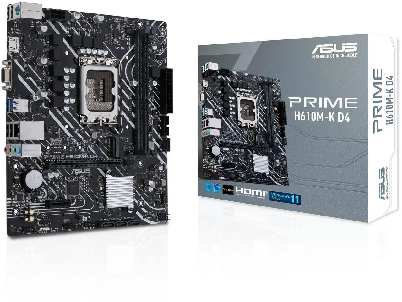Main image of ASUS Prime H610M-K D4 Intel H610 (LGA 1700) mic-ATX Motherboard with DDR4, PCIe 4.0, M.2 Slot, Realtek 1 Gb Ethernet, HDMI, D-Sub,USB 3.2 Gen 1 Ports, SATA 6 Gbps, COM Header, RGB Header