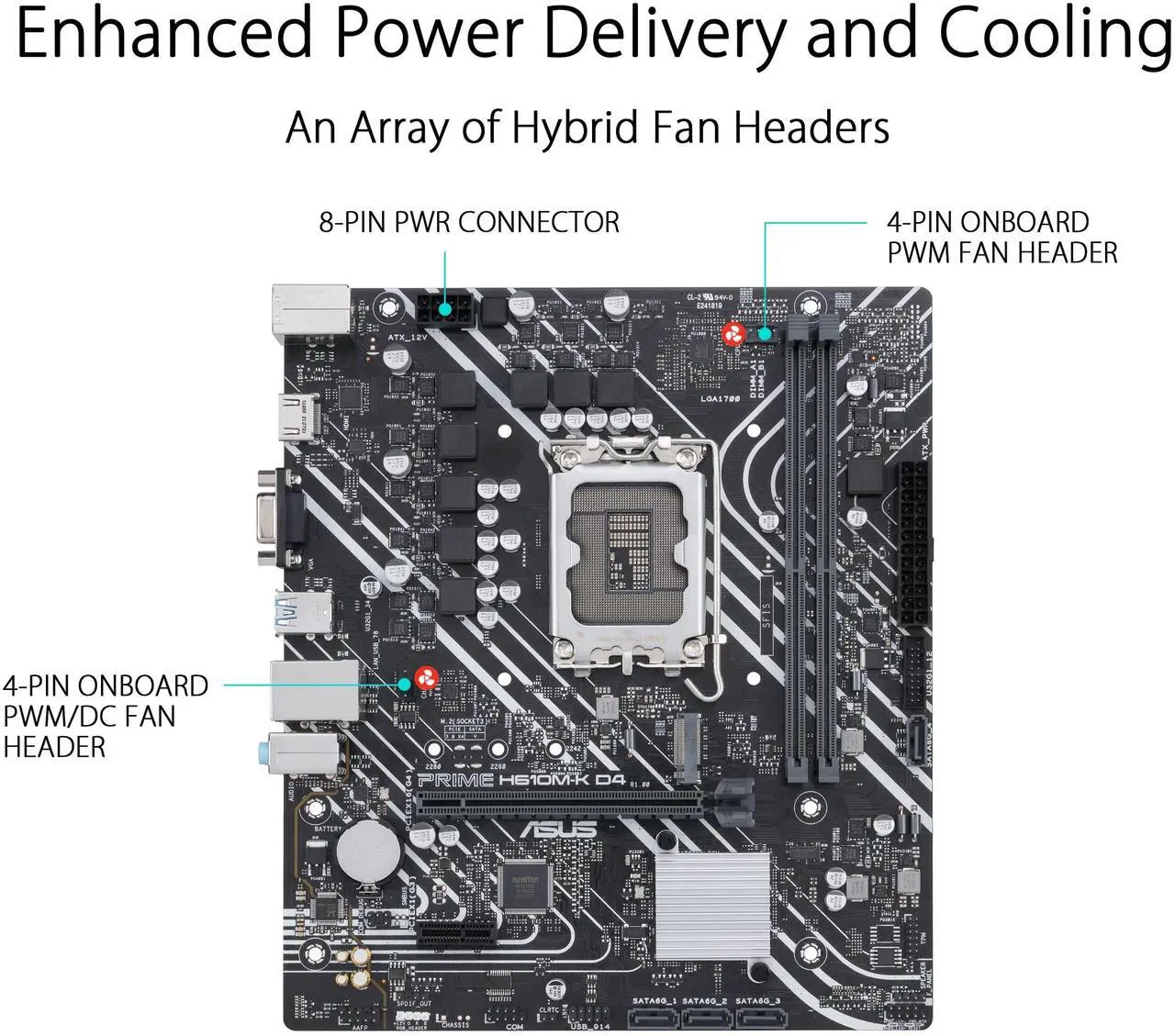 Alt view image 3 of 5 - ASUS Prime H610M-K D4 Intel H610 (LGA 1700) mic-ATX Motherboard with DDR4, PCIe 4.0, M.2 Slot, Realtek 1 Gb Ethernet, HDMI, D-Sub,USB 3.2 Gen 1 Ports, SATA 6 Gbps, COM Header, RGB Header