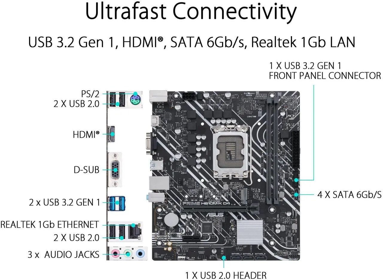 Alt view image 5 of 5 - ASUS Prime H610M-K D4 Intel H610 (LGA 1700) mic-ATX Motherboard with DDR4, PCIe 4.0, M.2 Slot, Realtek 1 Gb Ethernet, HDMI, D-Sub,USB 3.2 Gen 1 Ports, SATA 6 Gbps, COM Header, RGB Header