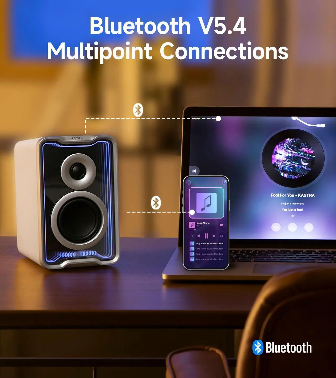 Alt view image 4 of 5 - Edifier QR30 2.0 Desktop Active Speaker, Compact Bluetooth V5.4 Computer Speakers, Wireless Bookshelf Speaker, 30W (RMS), 3.5mm AUX & USB-A Wired Input, Dynamic Light Effects, App Control, White