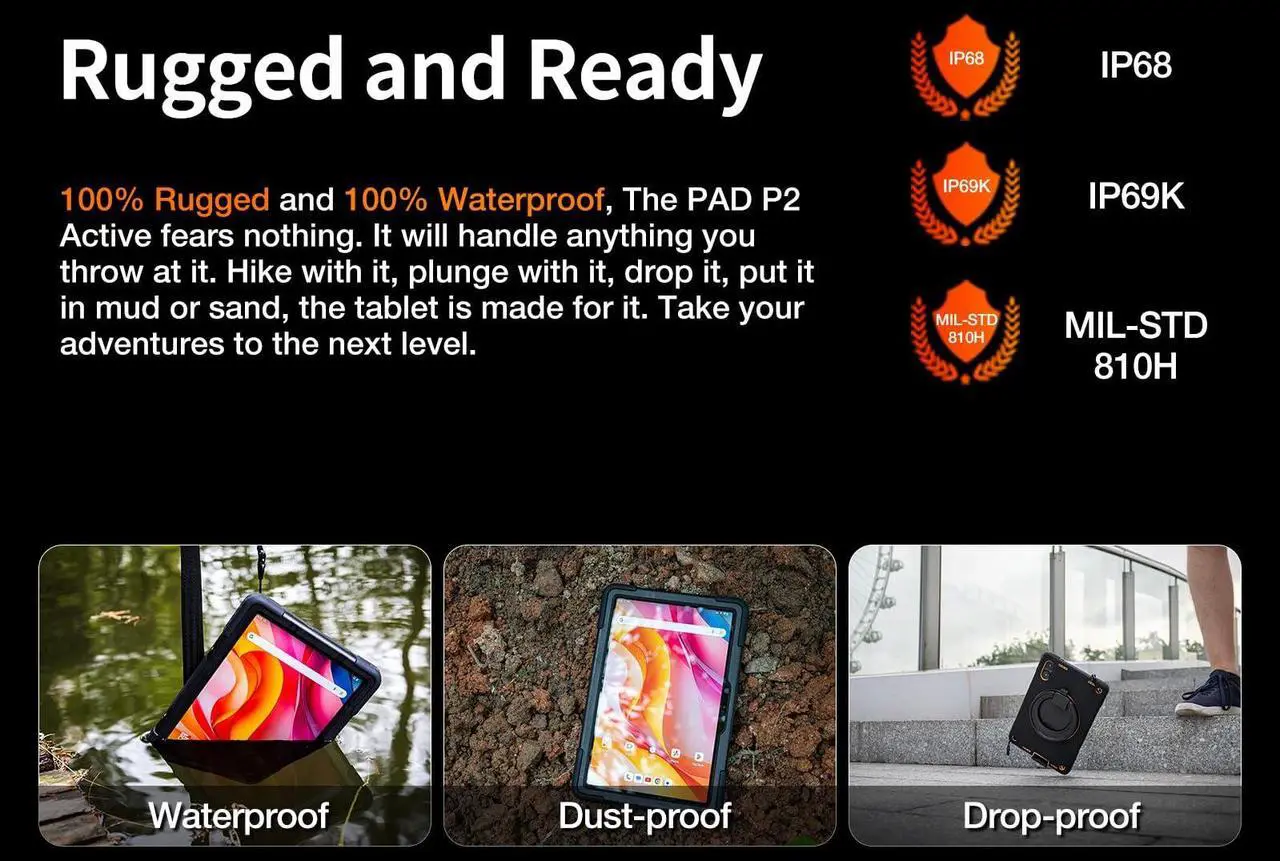 Alt view image 4 of 5 - AGM PAD P2 Active Rugged Android 14 Tablet with Case, Waterproof & Drop-Proof, Widevine L1 & GMS Certified, 11" 90Hz FHD 480 NITS Display, MTK G99, 8000 mAh, 16(8+8) + 256GB[TF 2TB], GPS, Compass, OTG