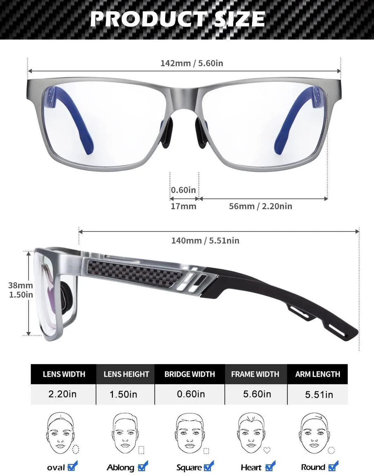 Alt view image 3 of 5 - ANYLUV Al-Mg Metal Blue Light Glasses + Carbon Fiber Temple Glasses