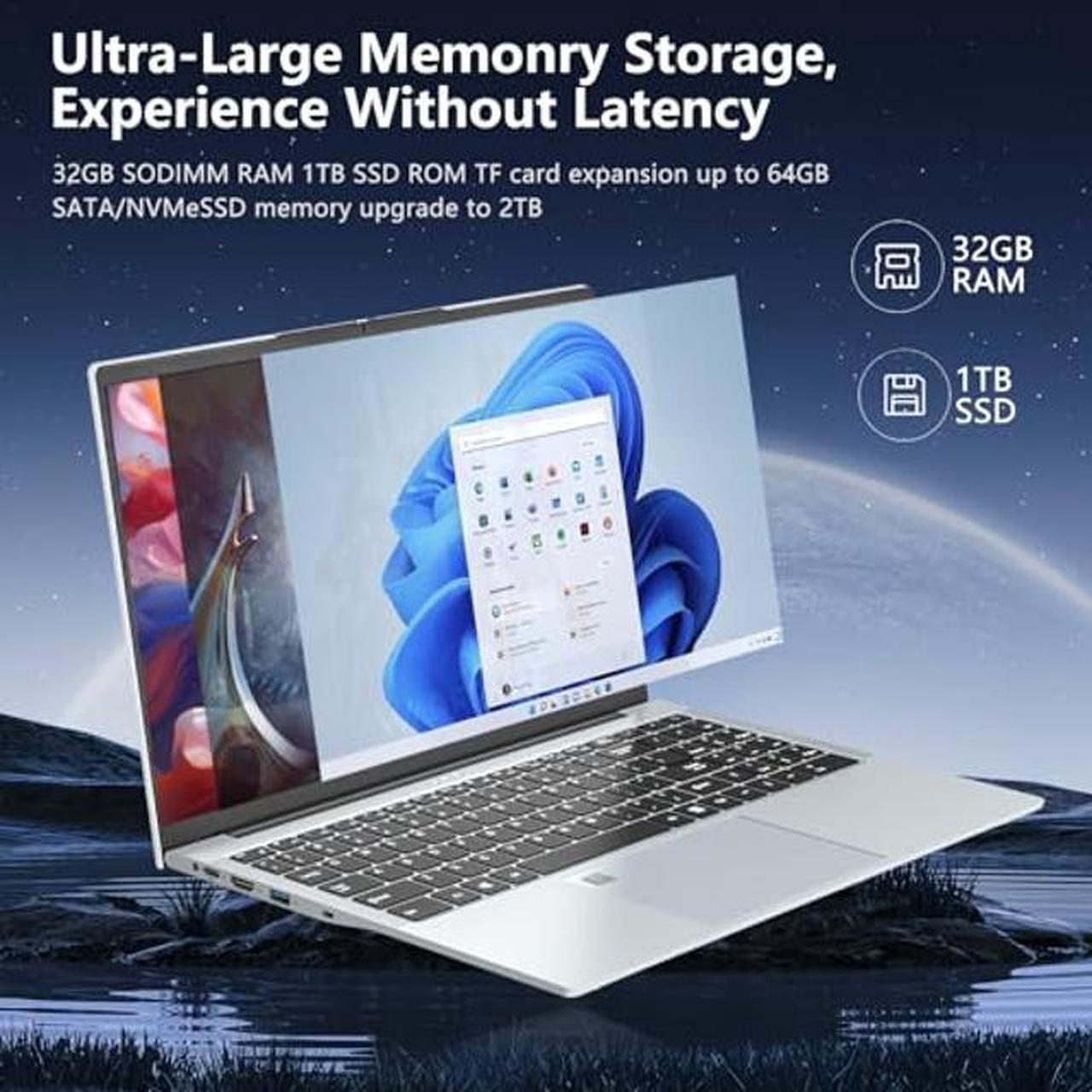 Alt view image 2 of 5 - Laptop i7 1195G7, 15.6 Inch Laptop Computer, Gaming Laptops, 32GB RAM 1TB SSD FHD 1920 * 1080 Display, Fingerprint Unlock Backlit Keyboard WiFi RJ45 HDMI 180 Angle Opening Traditional Laptop Computers