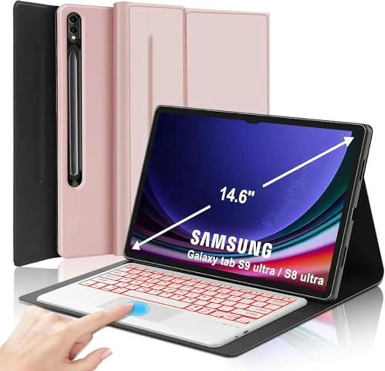 Main image of KVAGO Keyboard Case for Samsung Galaxy Tab S9/S8/S10 Ultra 14.6 inch, 7 Color Backlit Keyboard, Multi-Gesture Smart Touchpad, Smart Cover Compatible with S Pen, Auto Sleep/Wake (Coral Pink)