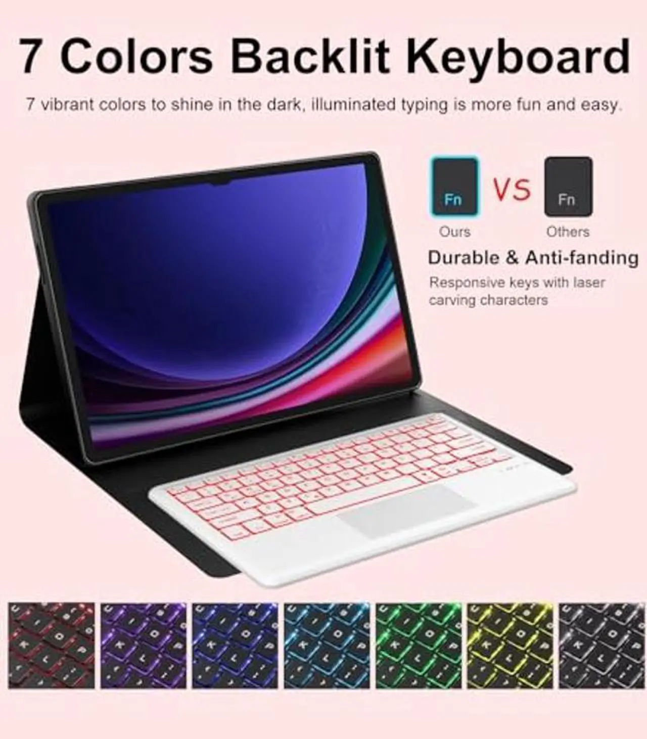 Alt view image 3 of 5 - KVAGO Keyboard Case for Samsung Galaxy Tab S9/S8/S10 Ultra 14.6 inch, 7 Color Backlit Keyboard, Multi-Gesture Smart Touchpad, Smart Cover Compatible with S Pen, Auto Sleep/Wake (Coral Pink)
