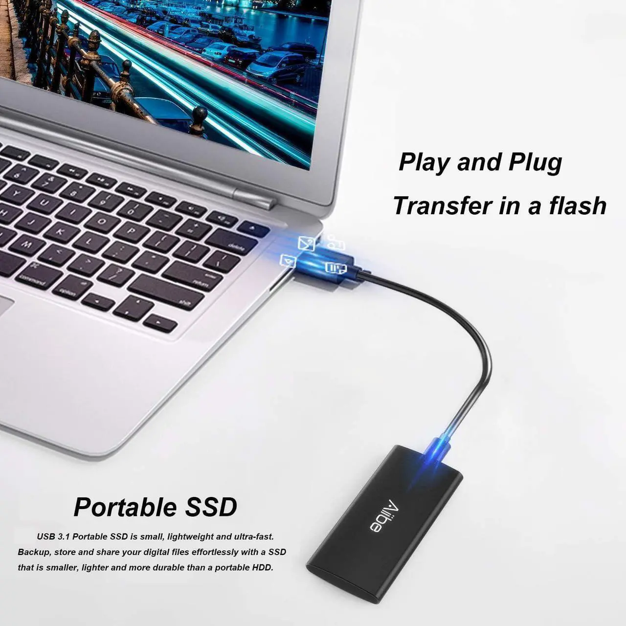Alt view image 2 of 5 - Aiibe External SSD 250GB External Hard Drive USB C Portable SSD, Up to 500MB/s, USB 3.1, External Solid State Drive 250GB for Laptop, Mac, PS4 (Black)
