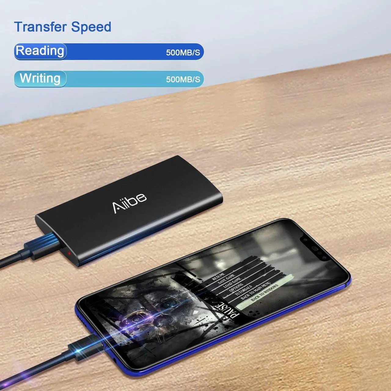 Alt view image 4 of 5 - Aiibe External SSD 250GB External Hard Drive USB C Portable SSD, Up to 500MB/s, USB 3.1, External Solid State Drive 250GB for Laptop, Mac, PS4 (Black)