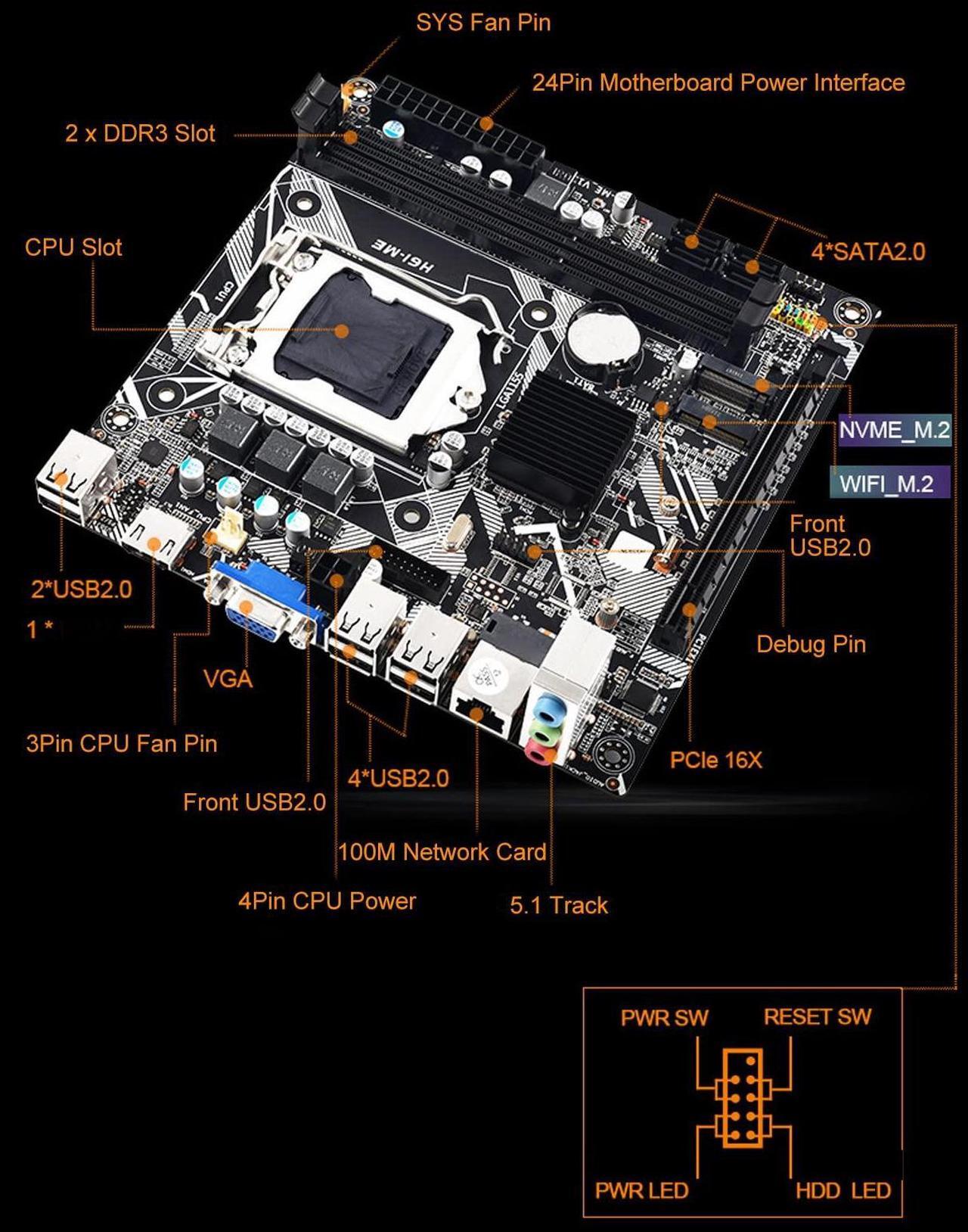 Alt view image 4 of 5 - ATX DDR3 LGA 1155 Motherboards for Desktop PC, Computer CPU ITX Motherboard DDR3 Channel USB 2.0 SATA 2.0 PCIe 16X VGA M.2 NVME M.2 DEBUG Pin