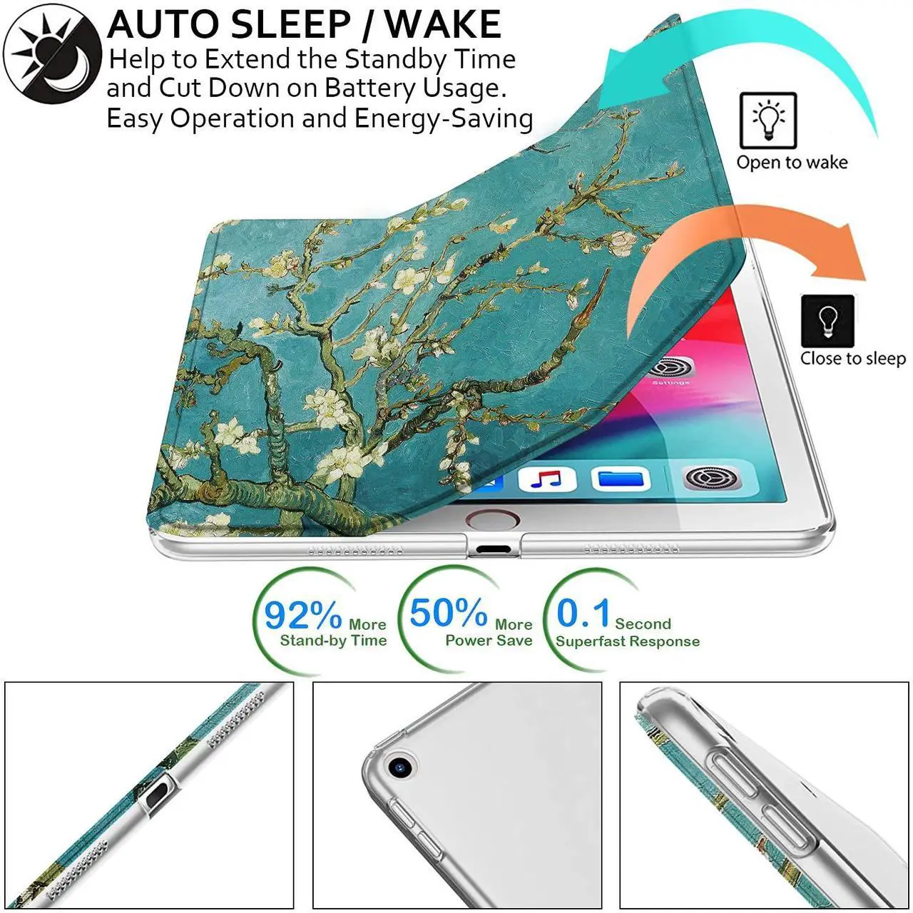 Alt view image 3 of 5 - DuraSafe Cases iPad PRO 12.9 Inch 1st [ Pro 12.9 1 Generation 2015 ] ML3Q2LL/A ML3N2LL/A ML3K2LL/A ML0H2LL/A ML0G2LL/A Trifold Printed PC Lightweight Protective Clear Back Cover - Blossom
