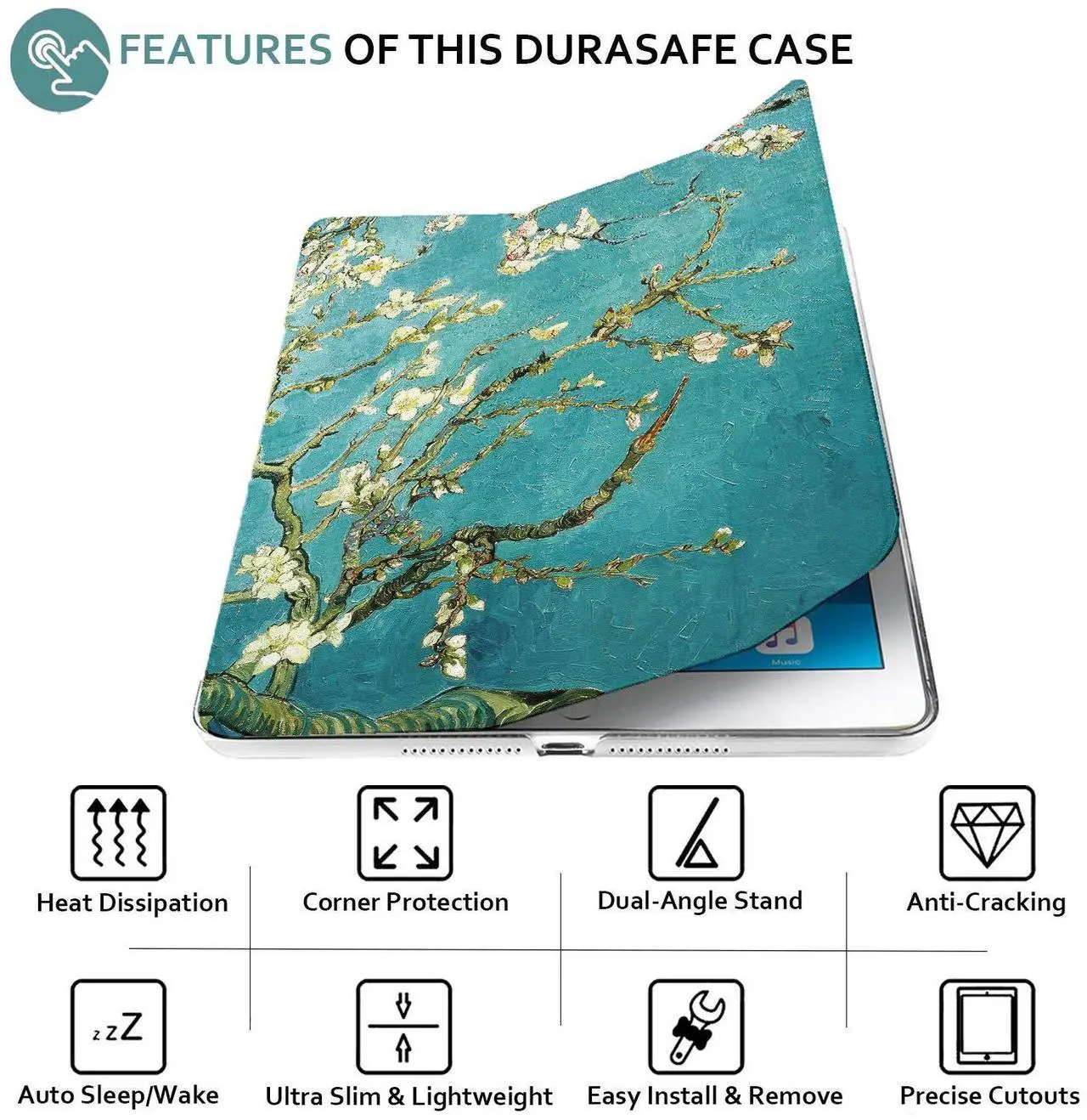 Alt view image 5 of 5 - DuraSafe Cases iPad PRO 12.9 Inch 1st [ Pro 12.9 1 Generation 2015 ] ML3Q2LL/A ML3N2LL/A ML3K2LL/A ML0H2LL/A ML0G2LL/A Trifold Printed PC Lightweight Protective Clear Back Cover - Blossom