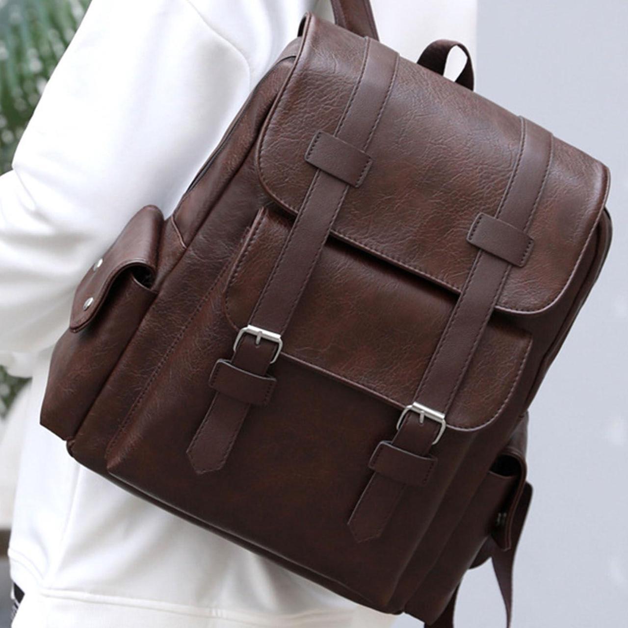 Alt view image 2 of 5 - Farcauo Leather Laptop Backpack Travel Backpack Carry on Flight Approved Dark Drown College Computer Back pack Large Work Backpack for Women Men Teacher Business BackPack