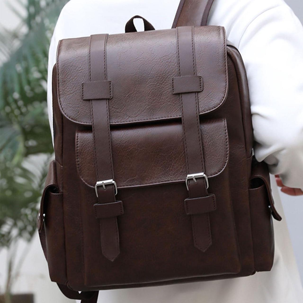 Alt view image 3 of 5 - Farcauo Leather Laptop Backpack Travel Backpack Carry on Flight Approved Dark Drown College Computer Back pack Large Work Backpack for Women Men Teacher Business BackPack