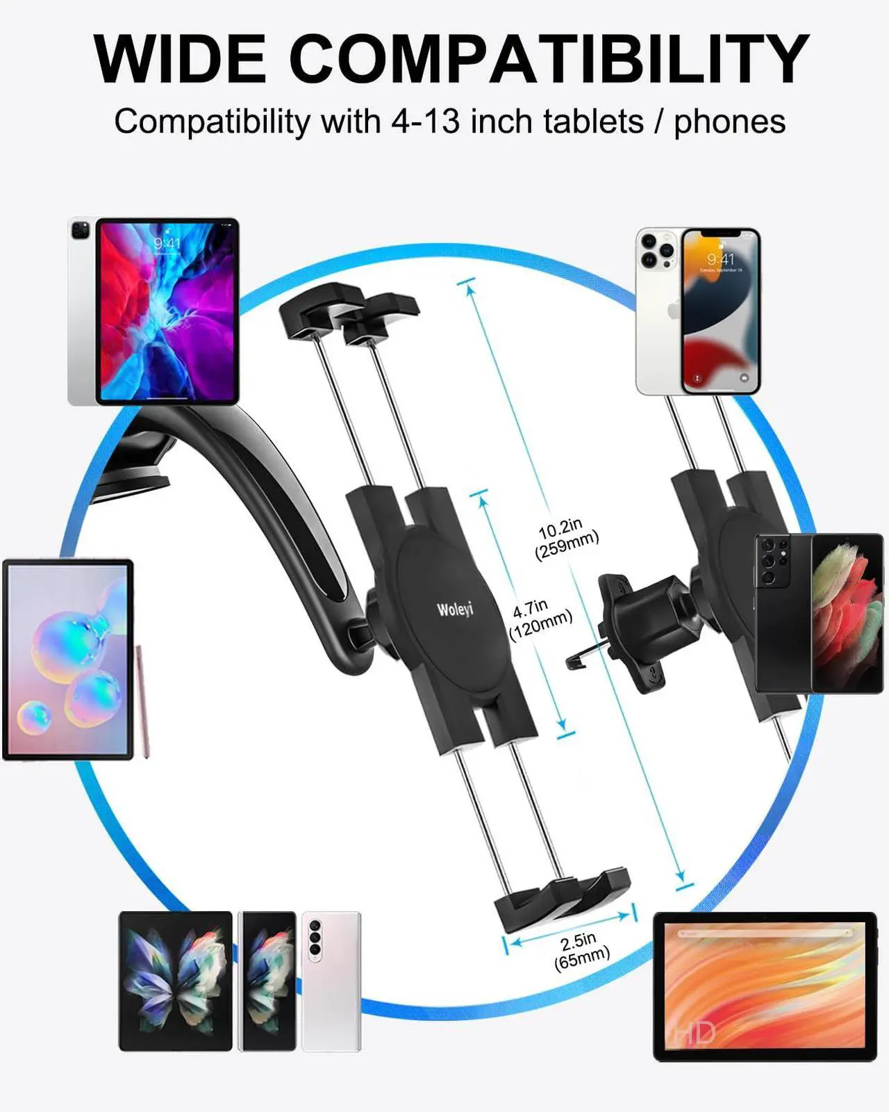 Alt view image 3 of 5 - woleyi 3 in 1 Car Tablet Holder Mount, Universal Strong Suction Cup Tablet Holder for Car Dashboard Windshield Air Vent, for iPad Pro, Air, Mini, Galaxy Tabs, Z Fold, Fire HD, iPhone, 4.7-13" Devices