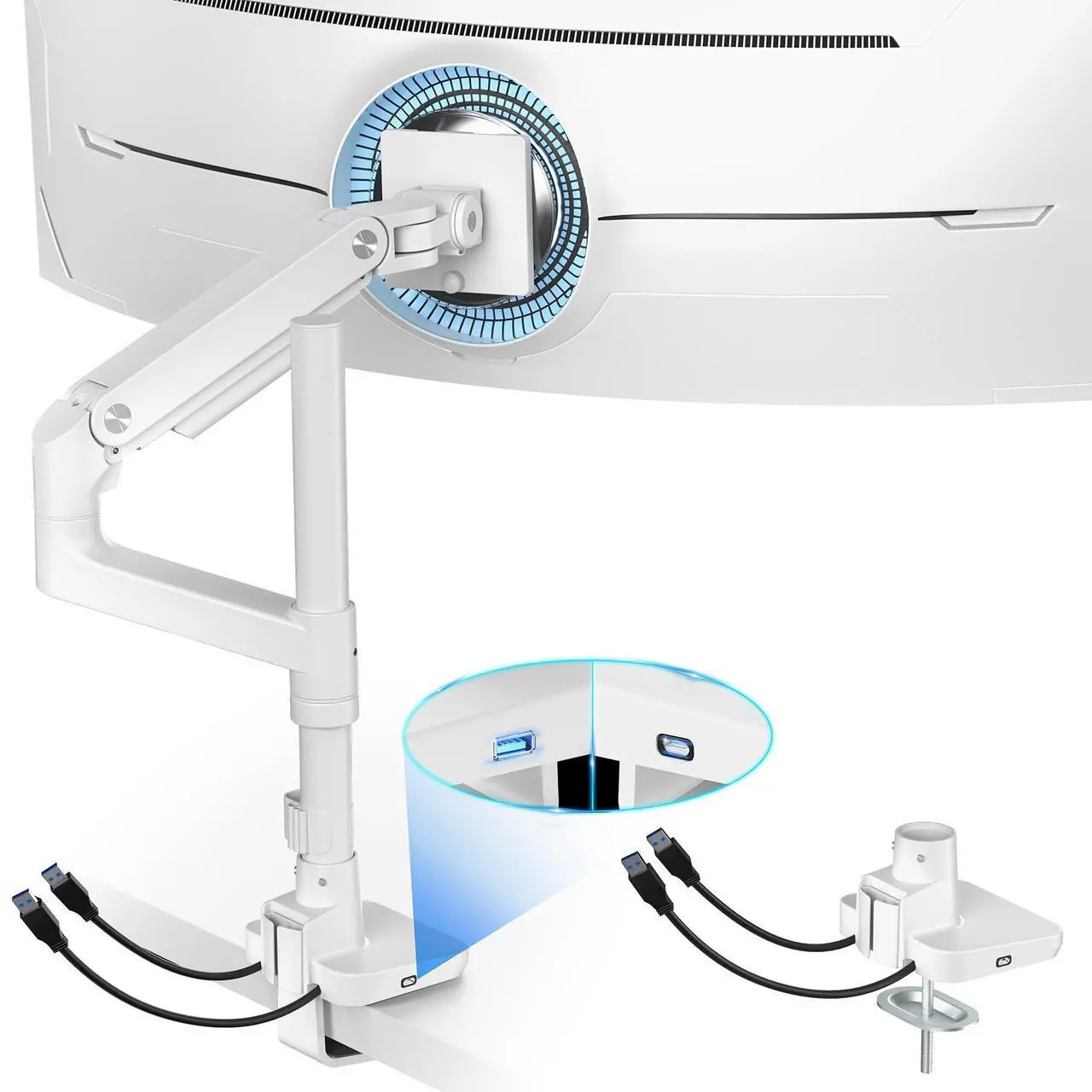 Main image of ARES WING Ultrawide Monitor Mount with USB A/C, with Extended Column for 17 to 49 inch Heavy Duty Monitor, Holds 44 lbs, Adjustable Gas Spring Desk Mount, White