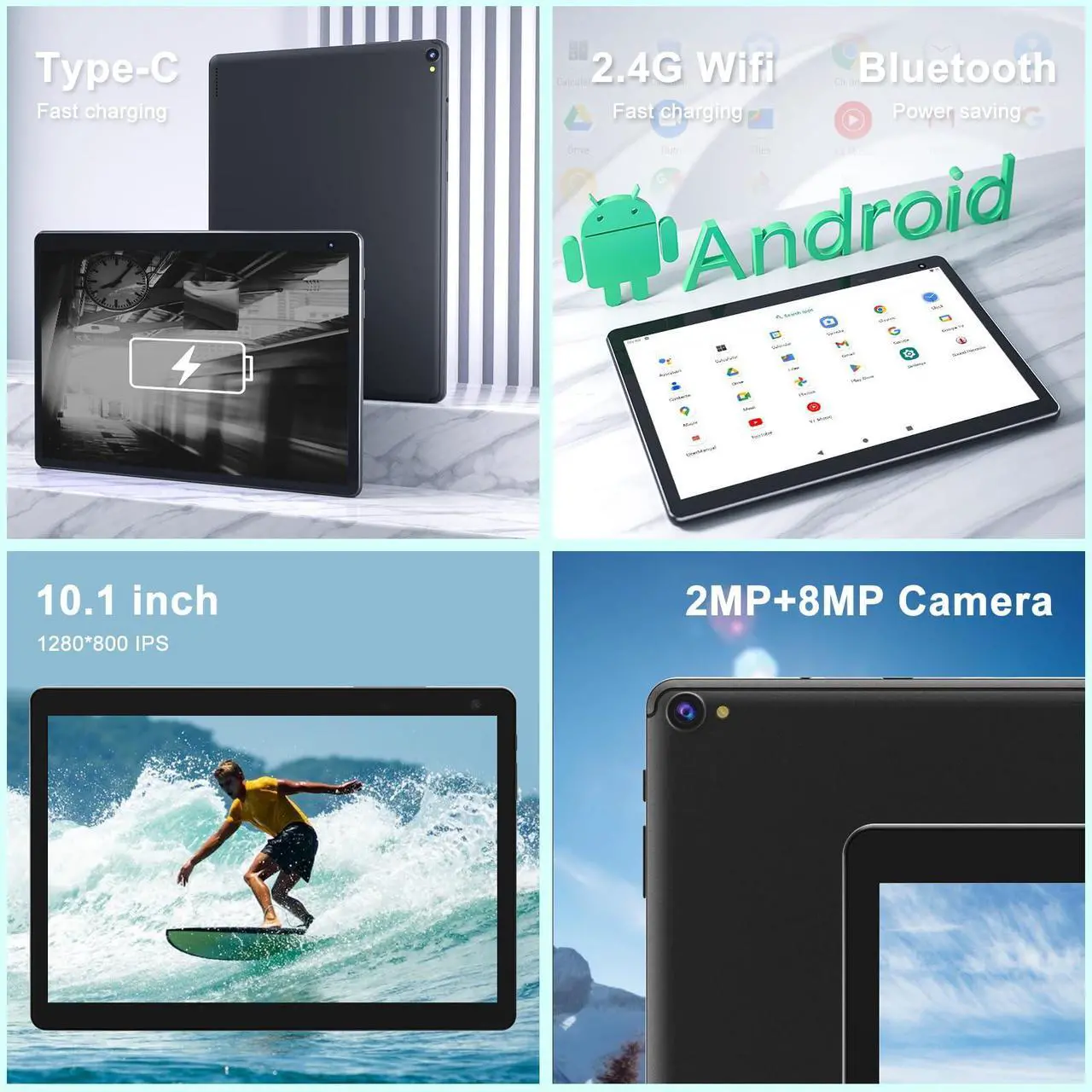 Alt view image 5 of 5 - BYANDBY Android 14, 2 in 1 Tablet with Keyboard, 10 inch Tablets, 8GB+64GB/1TB Expand, 2.4G+5G+Wi-Fi 6, Dual Camera, 6000 mAh, BT, GMS, Games, with Case (Green)