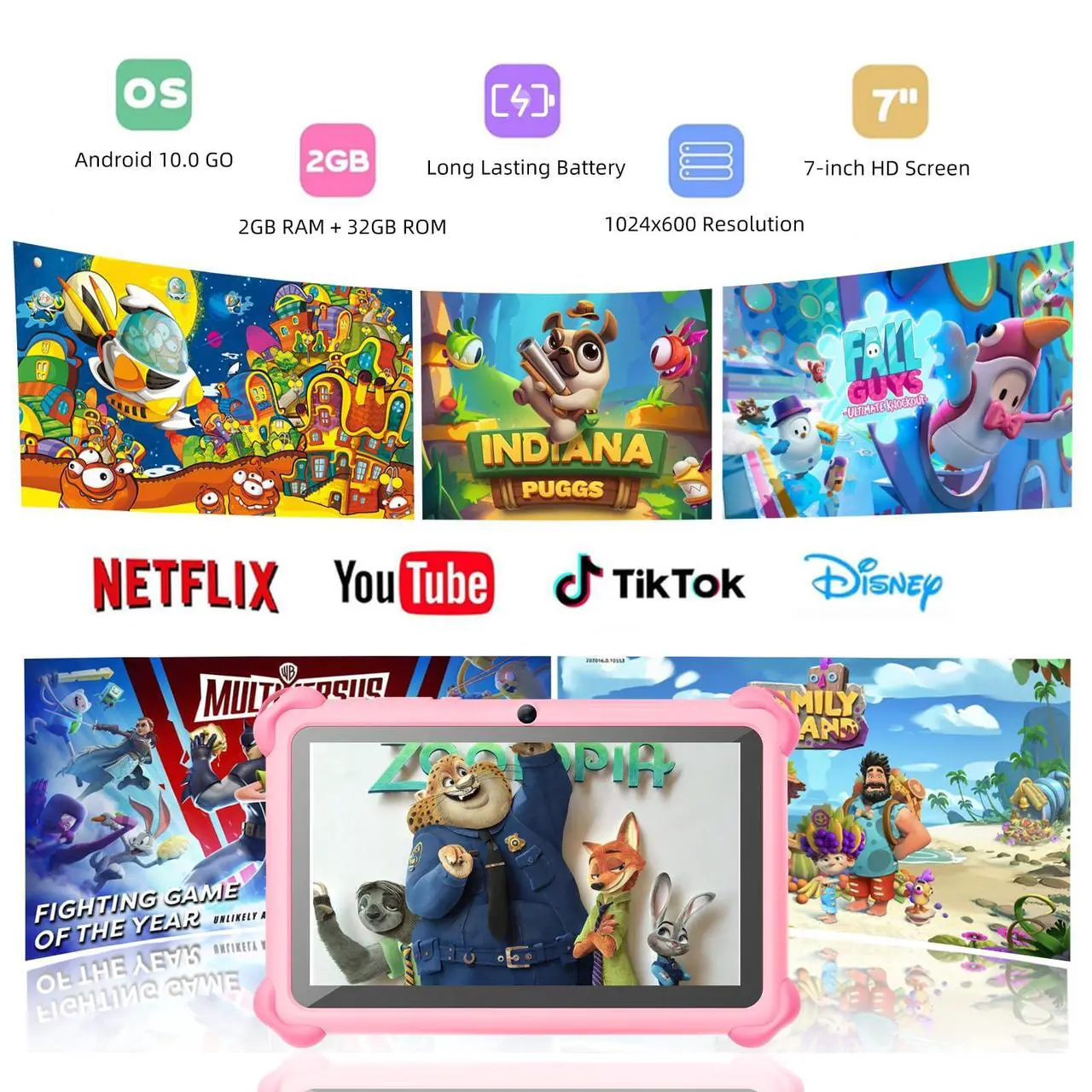 Alt view image 2 of 5 - zcobro Kids Tablet 7" Toddler Learning Tablets for Child with Case 2GB RAM 32GB ROM Bluetooth WiFi GMS Parental Control Children-Tablet for Girls Boys Free Games and App Preinstalled, Pink