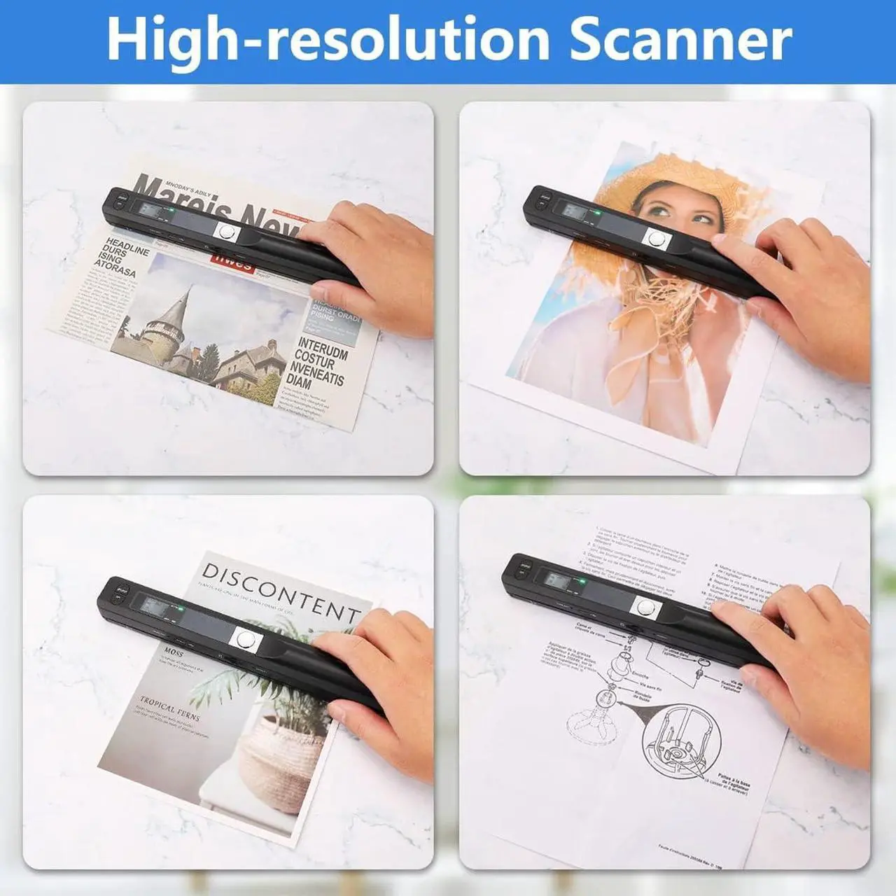 Alt view image 4 of 5 - Portable Scanner, 900 DPI Handheld Photo Scanner for A4 Documents, JPG PDF Format, Wand Document Scanner, Uploads Images to Computer Via USB Cable (Black)