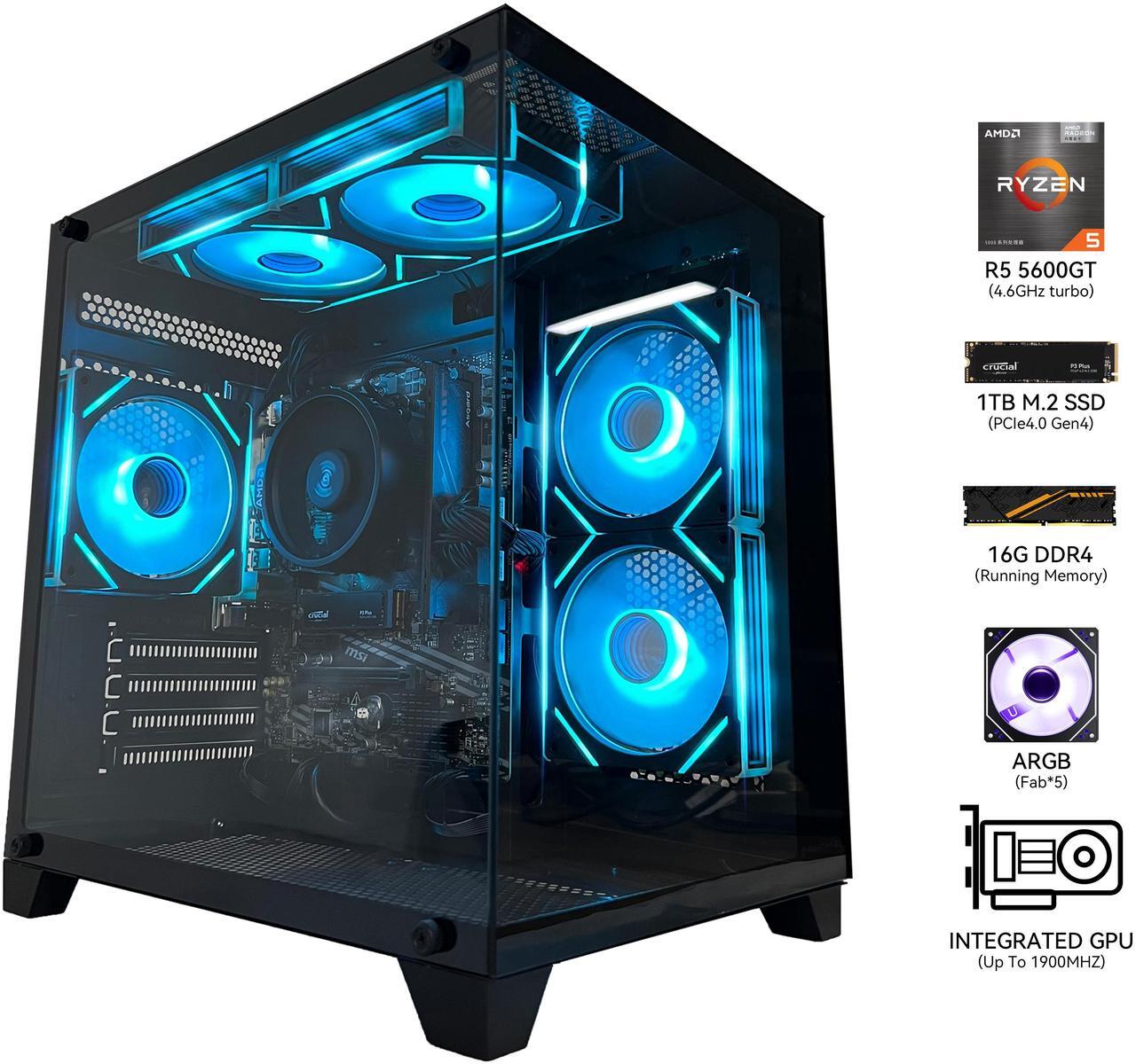 Alt view image 4 of 6 - YAWYORE Gaming Desktop Computer PC,AMD Ryzen 5 5600GT,16GB RAM and 1TB M.2 NVMe PCle4.0,ARGB FAN,WiFi+BT5.0,Game Design Office console,Sea View Room,Prebuilt Gaming PC Tower