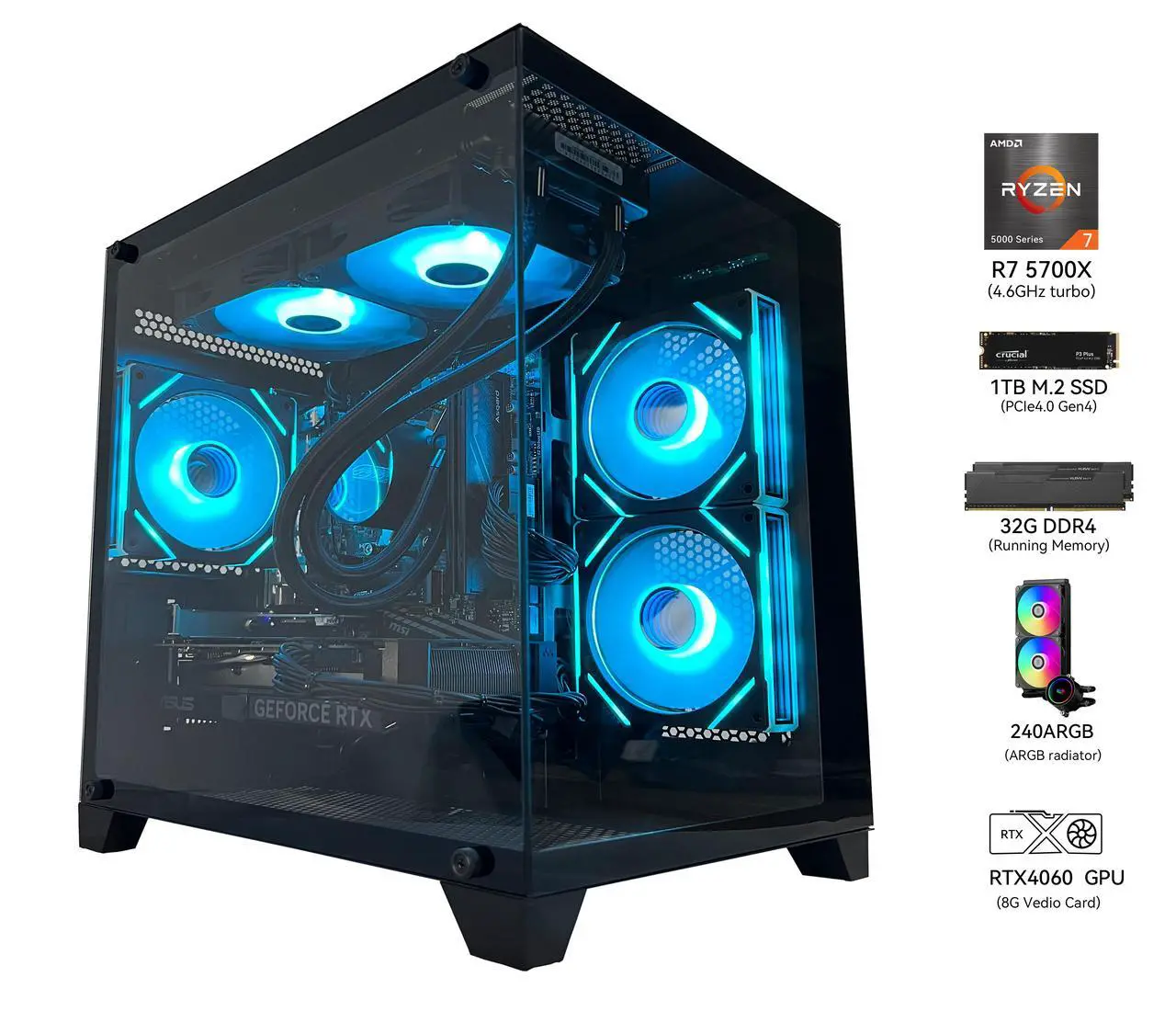 Alt view image 3 of 6 - YAWYORE Gaming PC Desktop computer, Ryzen 7 5700X,RTX 4060 ,32GB DDR4 RAM and 1TB M.2 NVMe SSD ,WiFi6E+BT5.3, 240 Liquid Cooler , ARGB Fans ,Game Design Office,Sea View Room,Windows 11 Tower Prebuilt