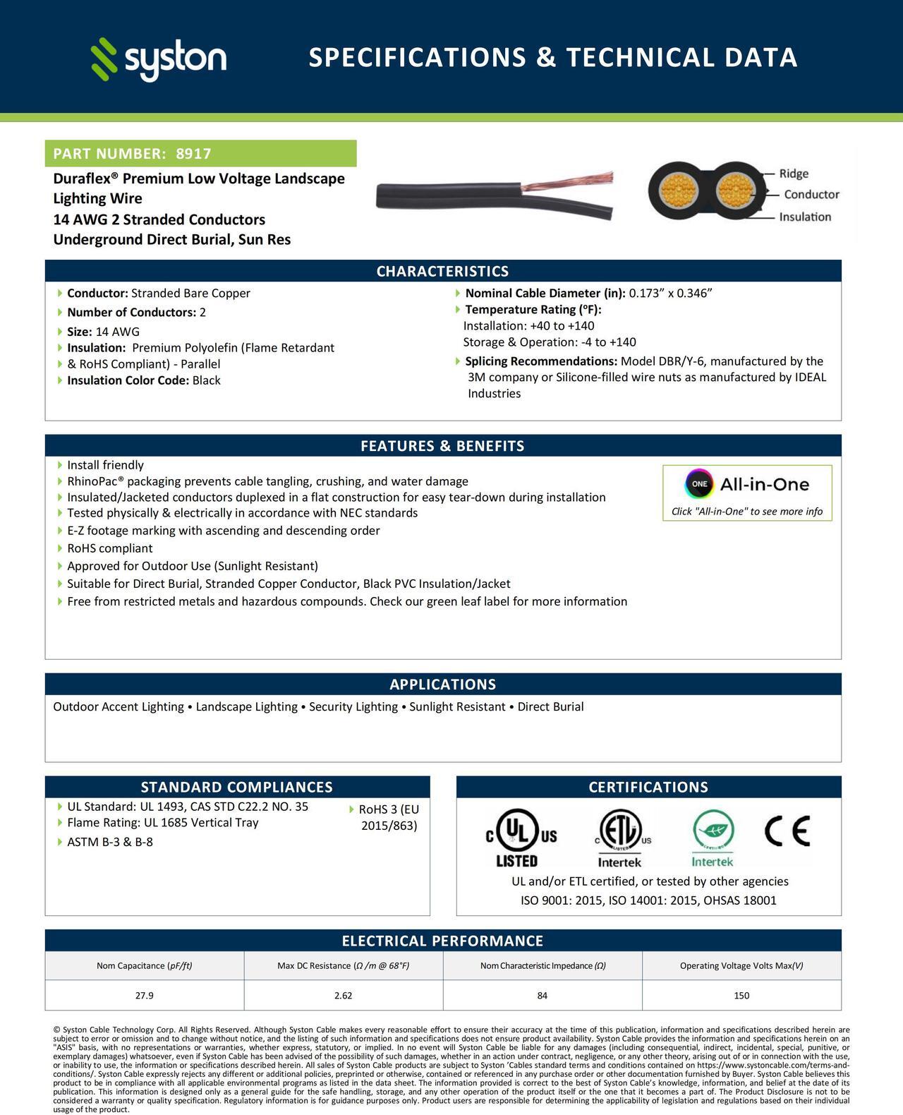 Alt view image 3 of 7 - SYSTON CABLE TECHNOLOGY 14/2 Low Voltage Landscape Lighting Wire, Direct Burial, Stranded Copper, Black, Outdoor
