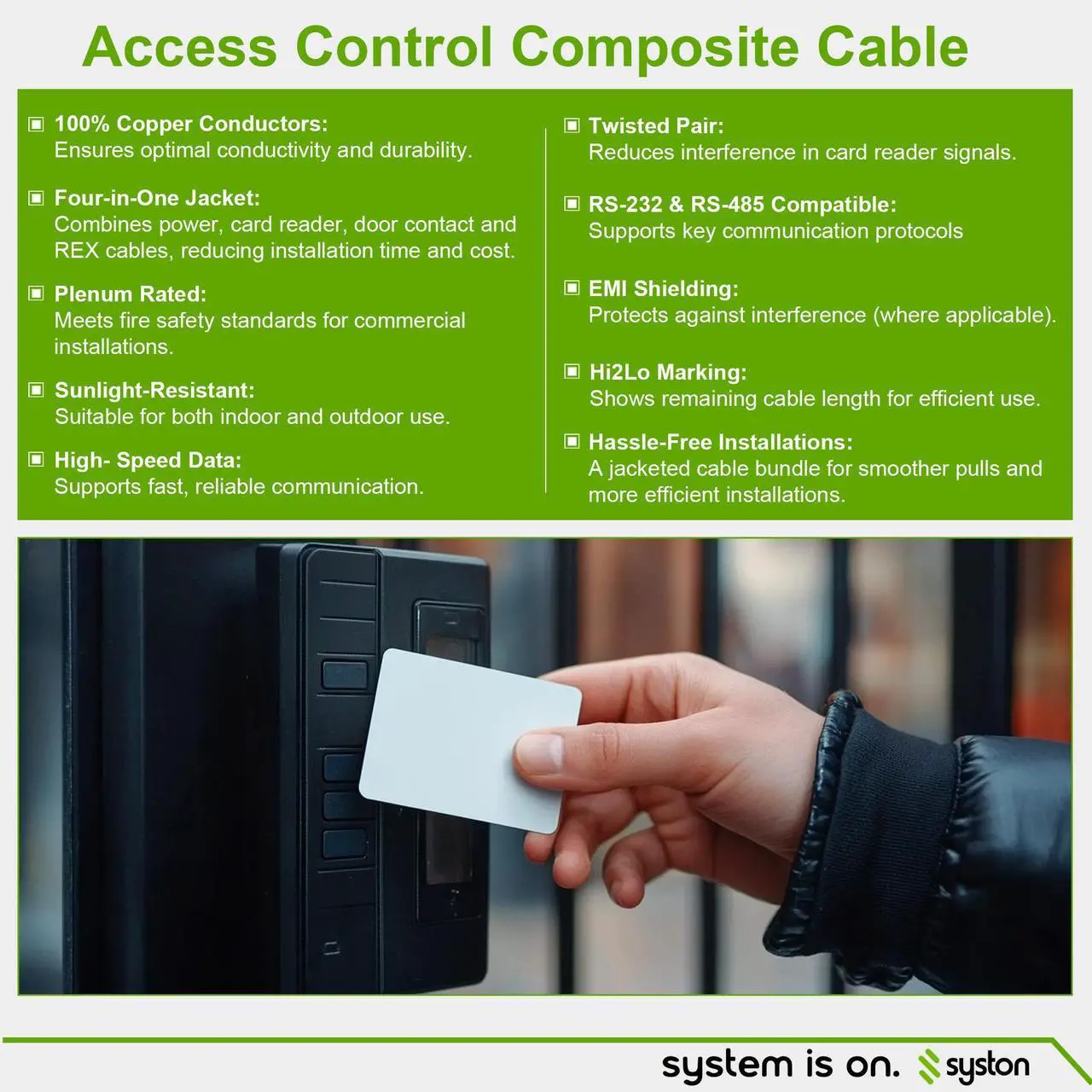 Alt view image 5 of 7 - SYSTON CABLE TECHNOLOGY Access Control Composite Cable,Stranded Copper,OSDP & Wiegand Compatible,1 Set of shielding Yellow 100 ft. Black 500 ft.