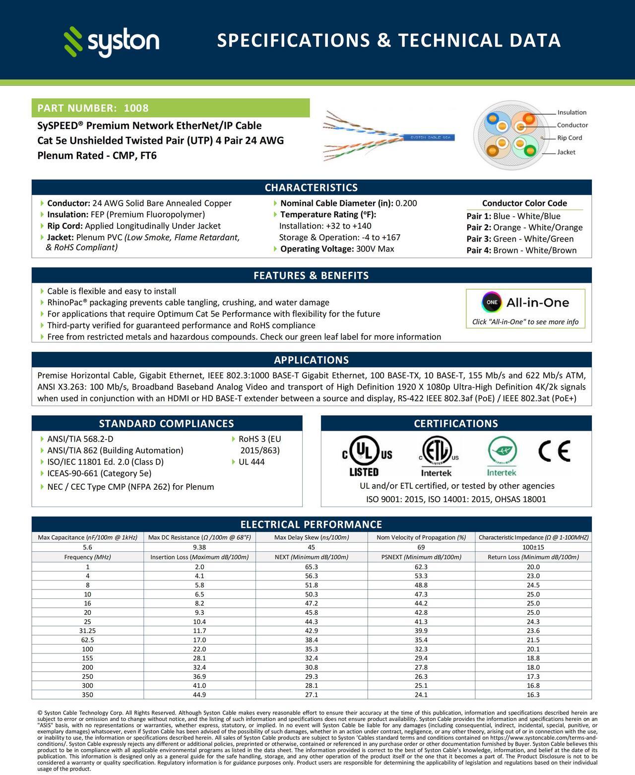 Alt view image 3 of 7 - SYSTON CABLE TECHNOLOGY Cat5e Ethernet Internet Cable Patch 350MHz 24AWG 4pr UTP Solid Bare Copper Wire Indoor/Outdoor PoE PC Laptop, CMP Plenum-Rated Sunlight Resistant