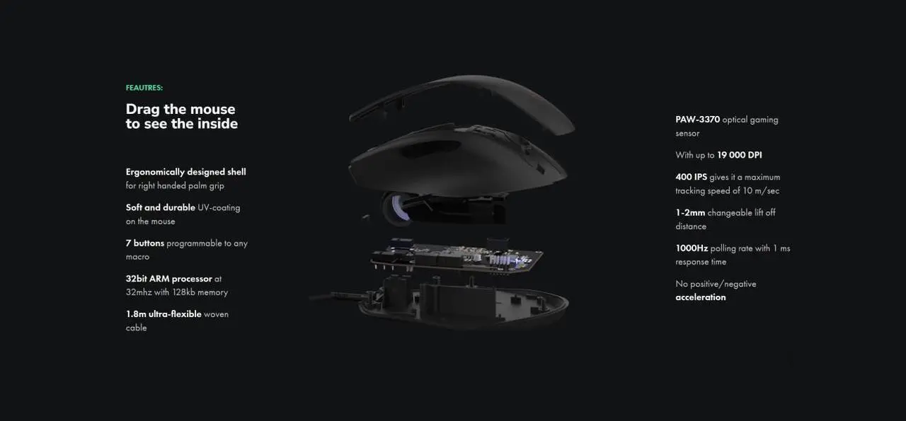 Alt view image 4 of 5 - Mionix NAOS PRO Wired Gaming Mouse, 19K DPI Optical Sensor with 400 IPS, Kailh 80M Click Durability Micro-switches, 1K HZ Polling Rate, 7 Programmable Buttons, On-Board Memory for PC