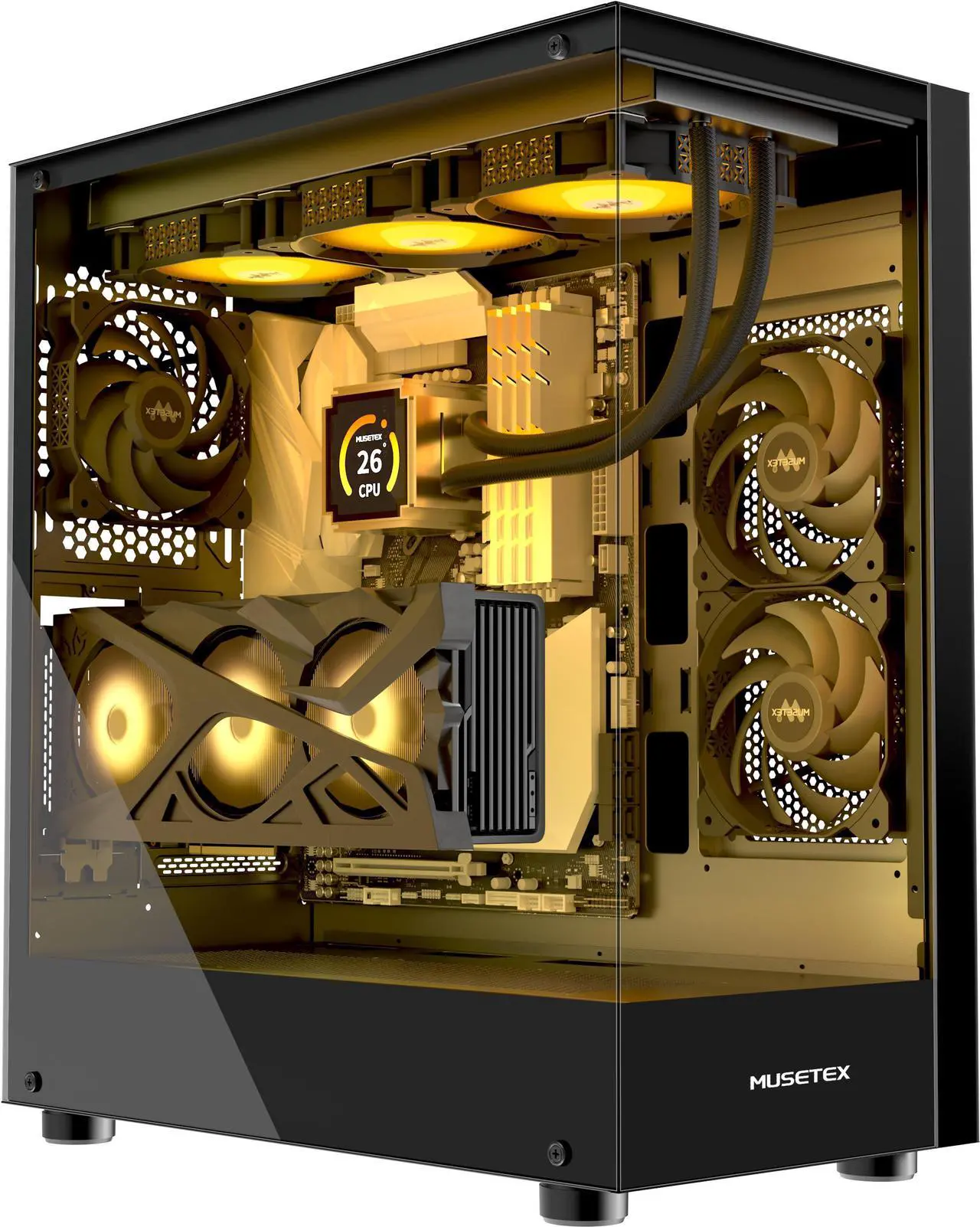 Main image of MUSETEX ATX PC CASE, 360MM RAD Support, Full-View Dual Tempered Glass Mid Tower PC Case, Type-C Computer Case with 3 Non-LED Fans Pre-Installed, Gaming PC Case,Black(K2)