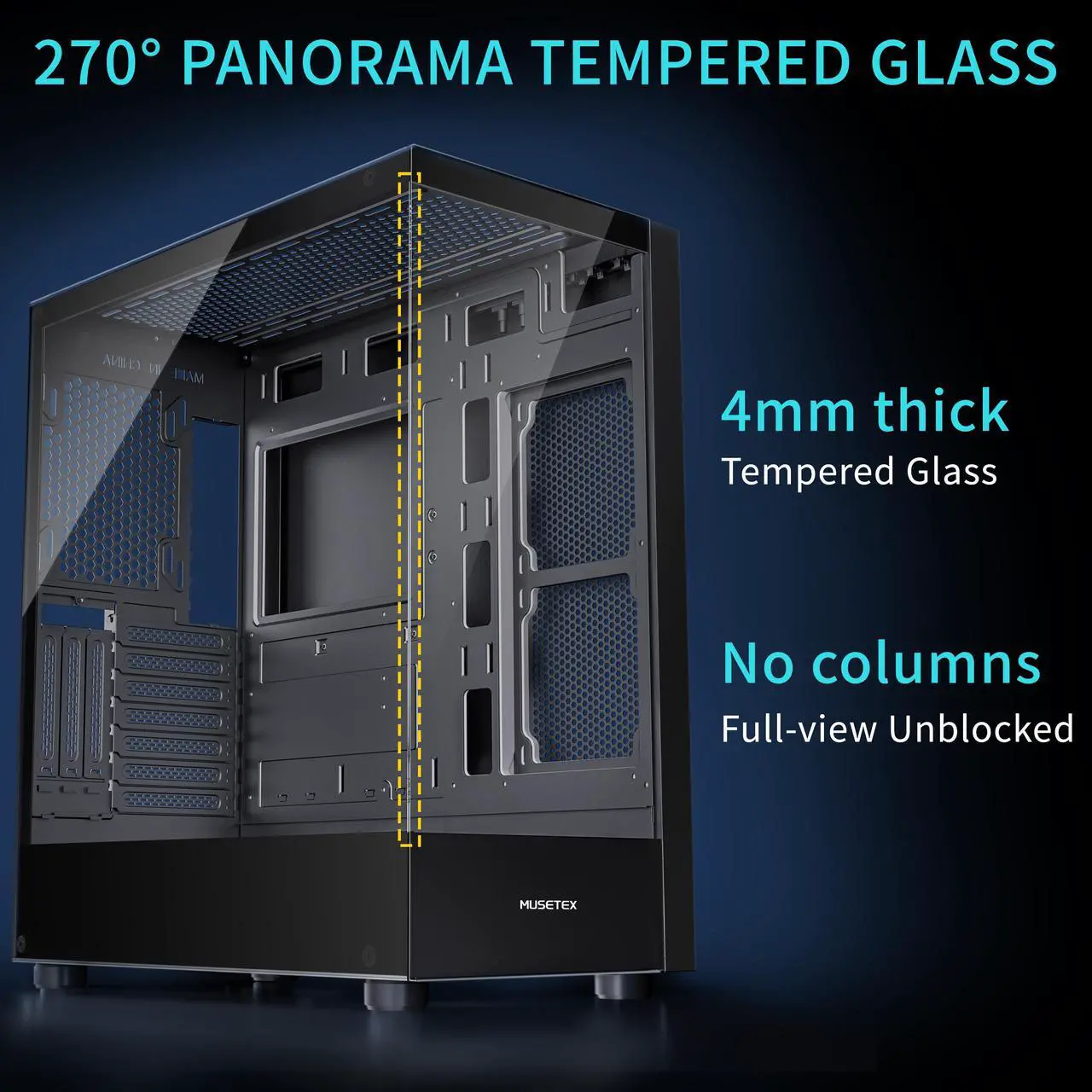 Alt view image 2 of 6 - MUSETEX ATX PC CASE, 360MM RAD Support, Full-View Dual Tempered Glass Mid Tower PC Case, Type-C Computer Case with 3 Non-LED Fans Pre-Installed, Gaming PC Case,Black(K2)