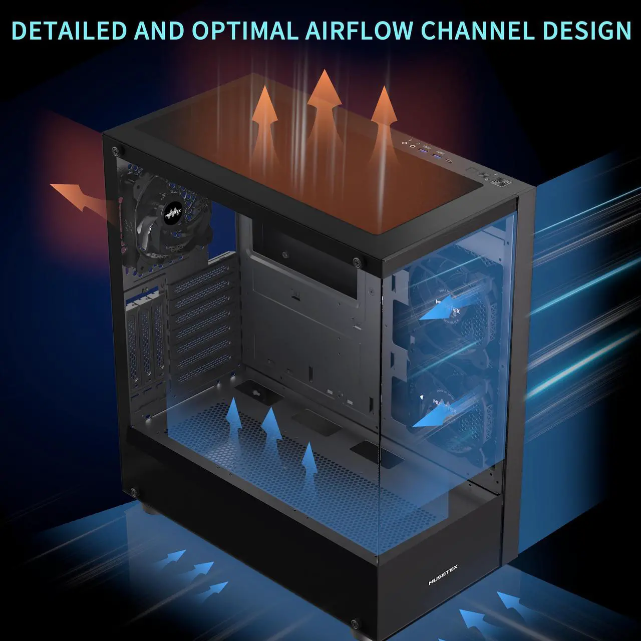 Alt view image 3 of 6 - MUSETEX ATX PC CASE, 360MM RAD Support, Full-View Dual Tempered Glass Mid Tower PC Case, Type-C Computer Case with 3 Non-LED Fans Pre-Installed, Gaming PC Case,Black(K2)