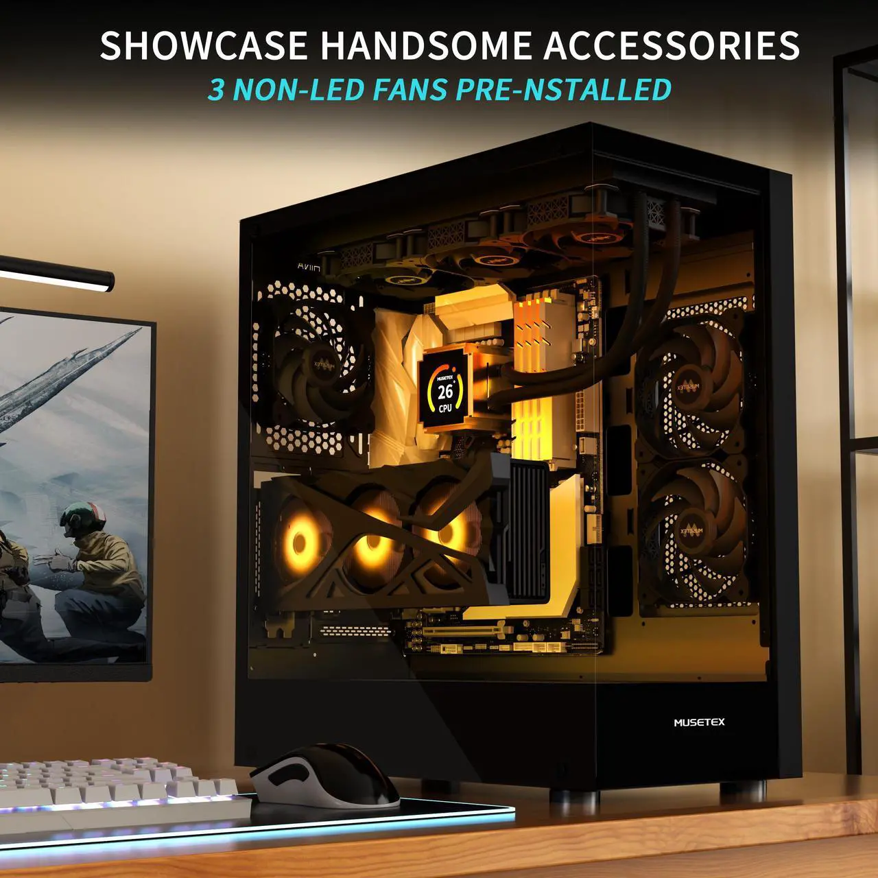 Alt view image 5 of 6 - MUSETEX ATX PC CASE, 360MM RAD Support, Full-View Dual Tempered Glass Mid Tower PC Case, Type-C Computer Case with 3 Non-LED Fans Pre-Installed, Gaming PC Case,Black(K2)