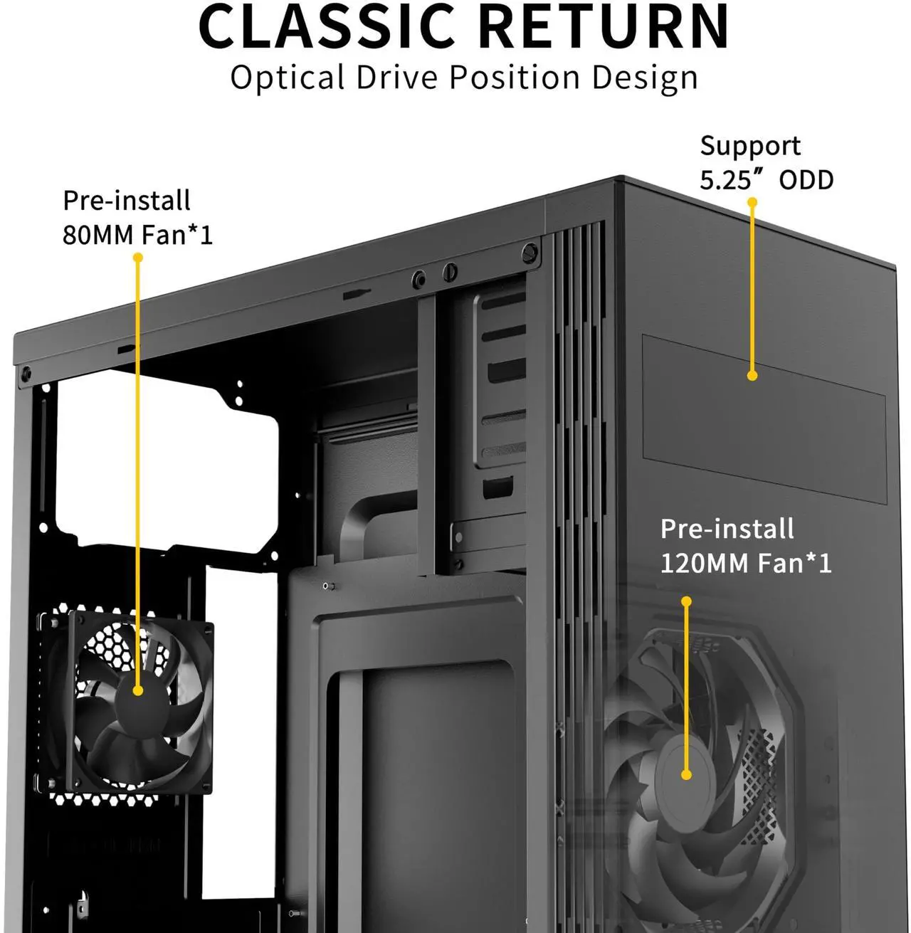 Alt view image 2 of 6 - MUSETEX ATX PC Case Support 5.25" ODD, Computer Case Pre-Install 1x120MM Fan+1x80MM Fan, Classic Retro Design Desktop ATX Tower Case, USB 3.0, Black,852