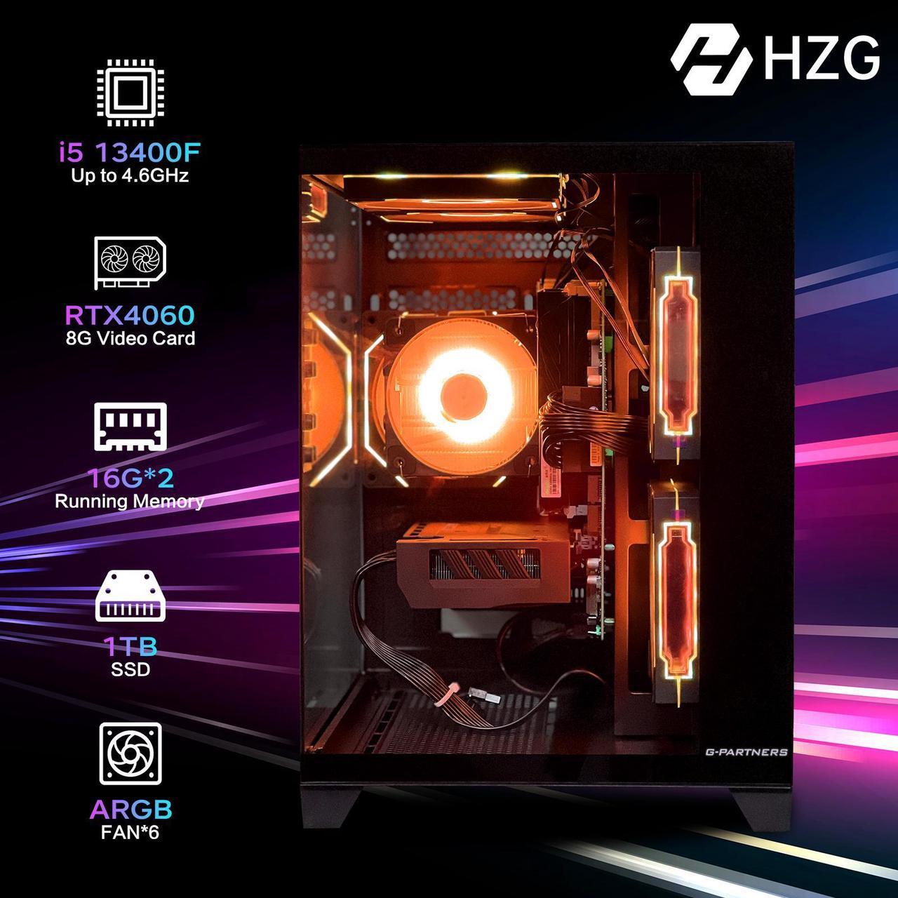 Alt view image 2 of 6 - HZG Gaming Desktop Computer PC,Intel Core I5-13400F,GeForce RTX 4060, 32GB RAM and 1TB NVMe M.2 SSD, WiFi6E, ARGB Fan, Prebuilt Gaming PC Tower Intel Core i5-13400F