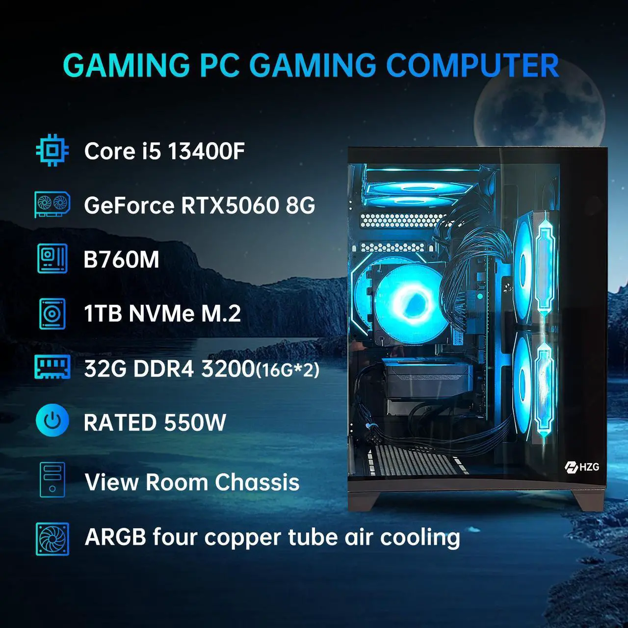 Alt view image 2 of 6 - HZG Gaming Desktop Computer PC,Intel Core i5-13400F GeForce RTX 5060 8G 32GB RAM and 1TB NVMe M.2 SSD, WiFi6E, ARGB Fan, Prebuilt Gaming PC Tower