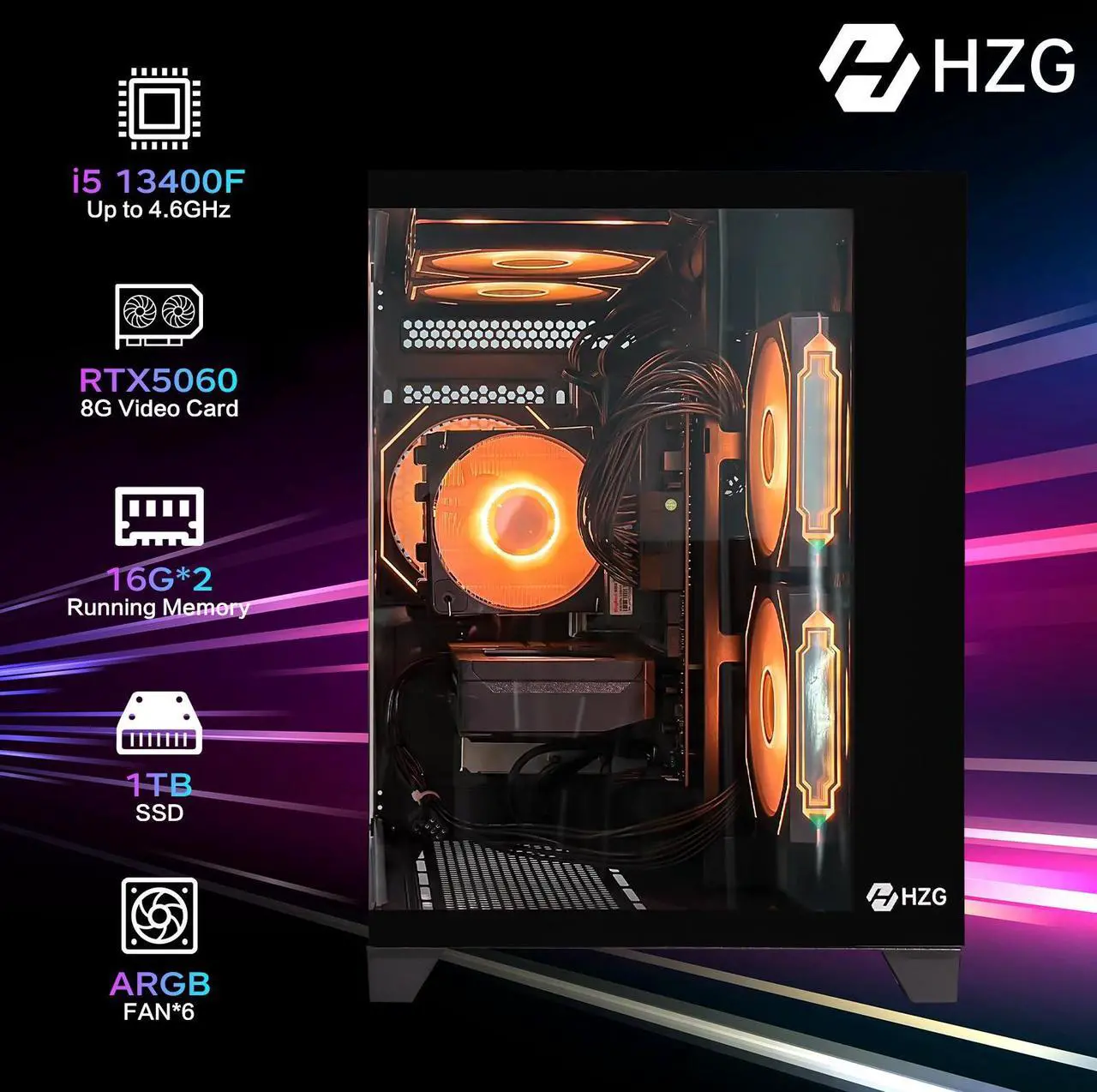 Alt view image 2 of 6 - HZG Gaming Desktop Computer PC,Intel Core i5-13400F GeForce RTX 5060 8G 32GB RAM and 1TB NVMe M.2 SSD, WiFi6E, ARGB Fan, Prebuilt Gaming PC Tower
