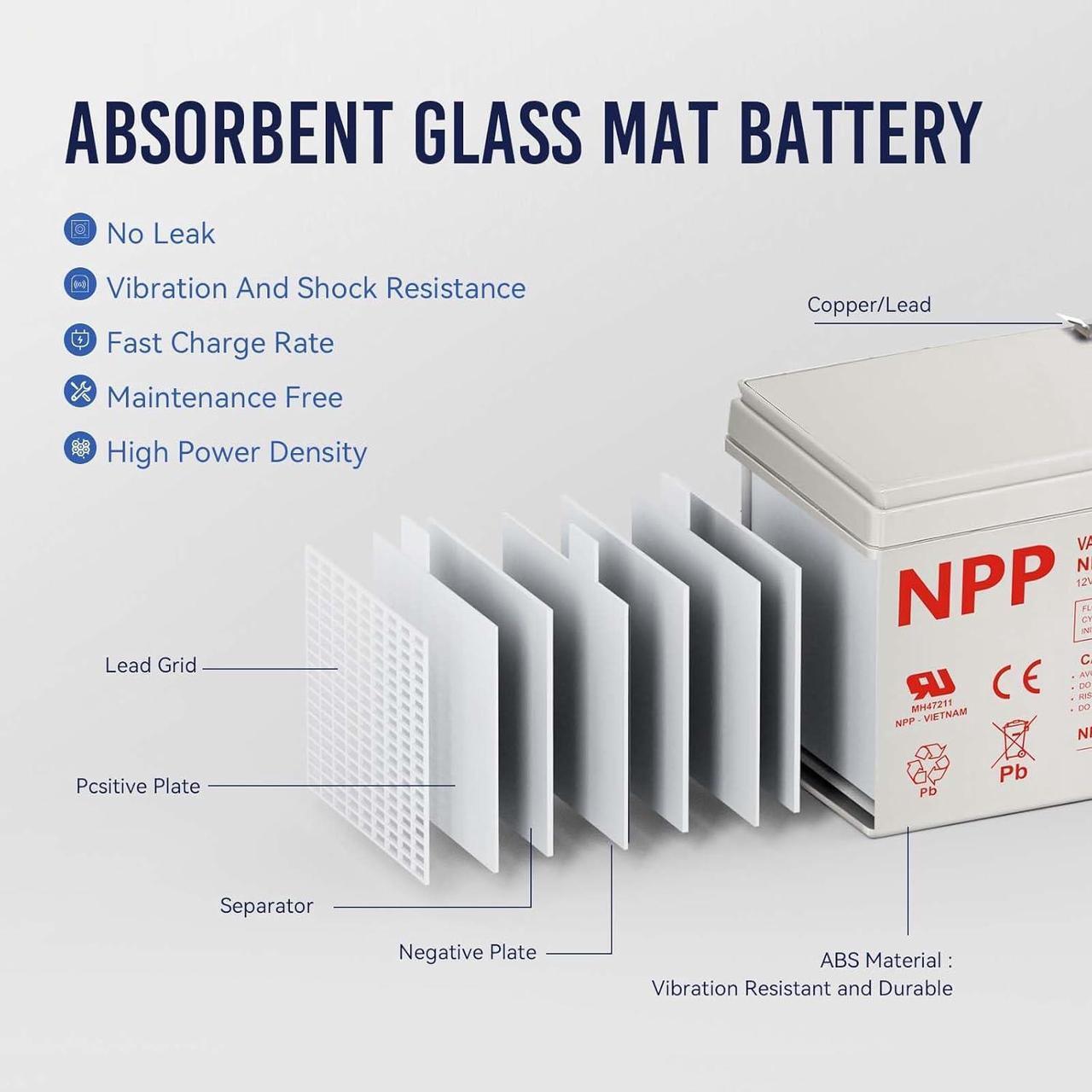 Alt view image 7 of 7 - NPP 12V 7Ah Rechargeable AGM SLA Battery with F1 Terminals, for ADT Security Alarm System, UPS, Verizon Fios Box etc