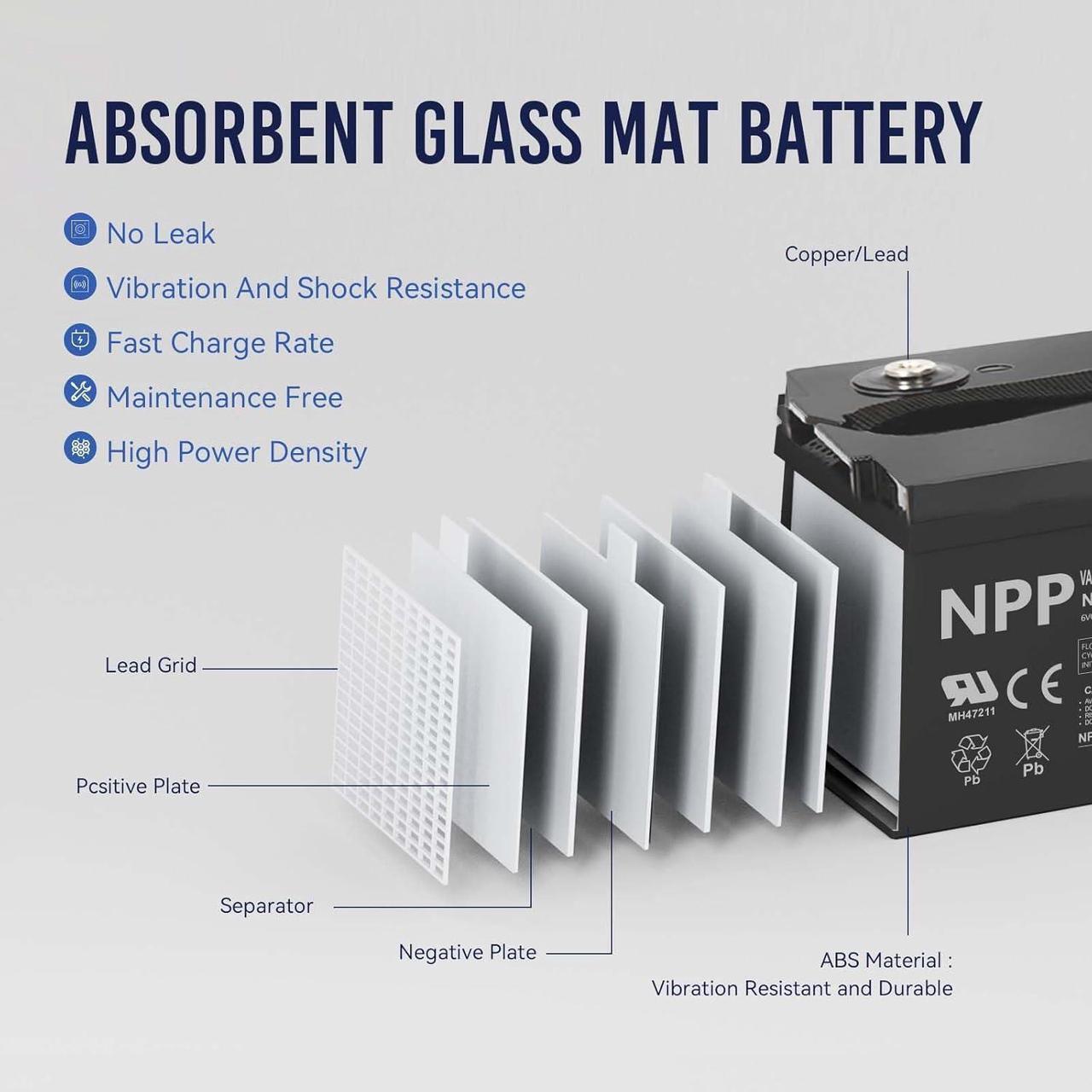 Alt view image 3 of 7 - NPP Brand NP6-225Ah AGM Rechargeable Battery with T16A Terminal, Replace 6V-225AH Lead-acid Battery, for Golf Carts, Rv, Marine, Camping, Solar Power System, Emergency Supply
