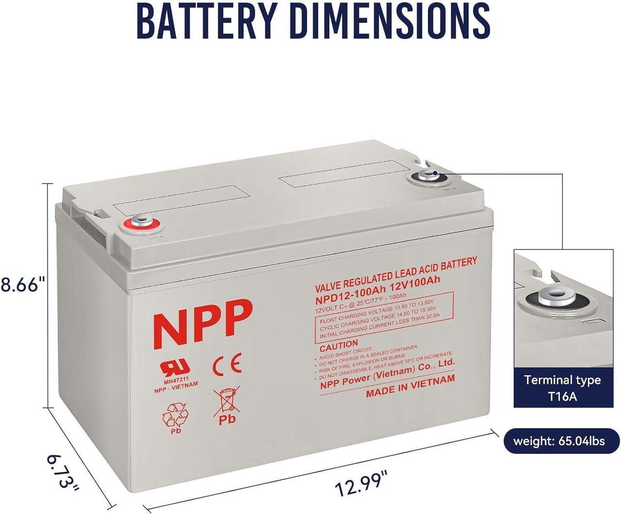 Alt view image 2 of 7 - NPD 12V 100Ah Deep Cycle Battery with T16A Terminals, Group 31 12Volt 100Ah Rechargeable AGM SLA Battery for Most Home Appliances, RV, Camping, Cabin, Solar Energy, Marine and Off-Grid System