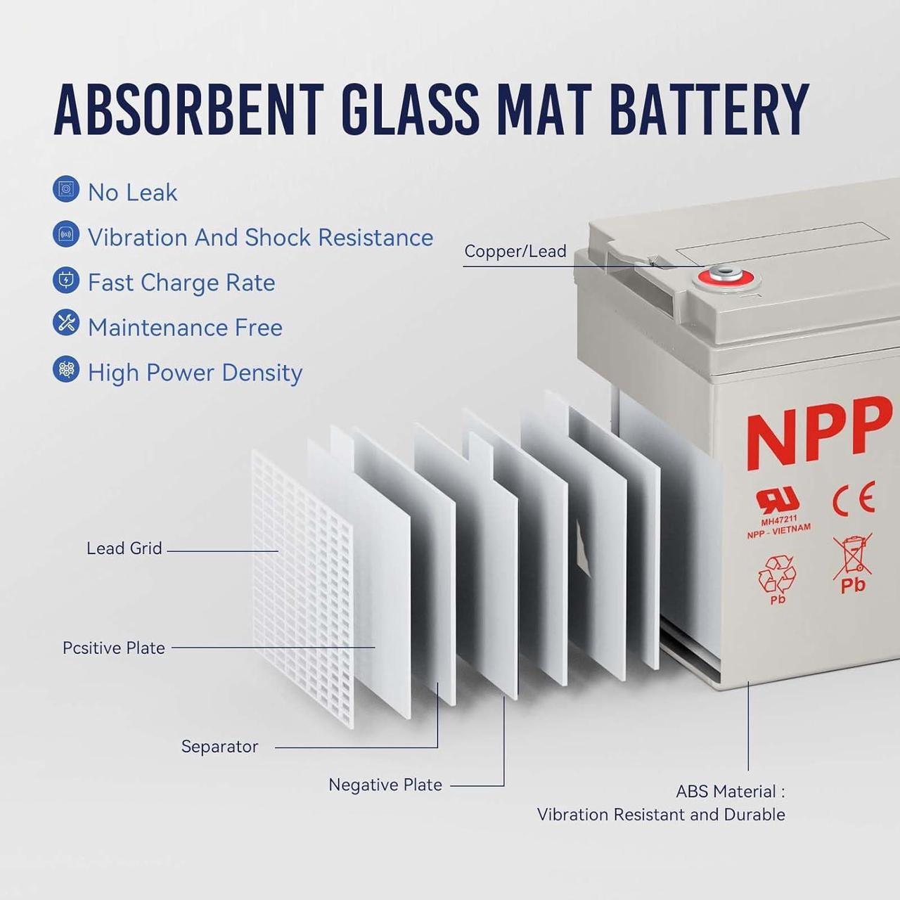 Alt view image 3 of 7 - NPD 12V 100Ah Deep Cycle Battery with T16A Terminals, Group 31 12Volt 100Ah Rechargeable AGM SLA Battery for Most Home Appliances, RV, Camping, Cabin, Solar Energy, Marine and Off-Grid System