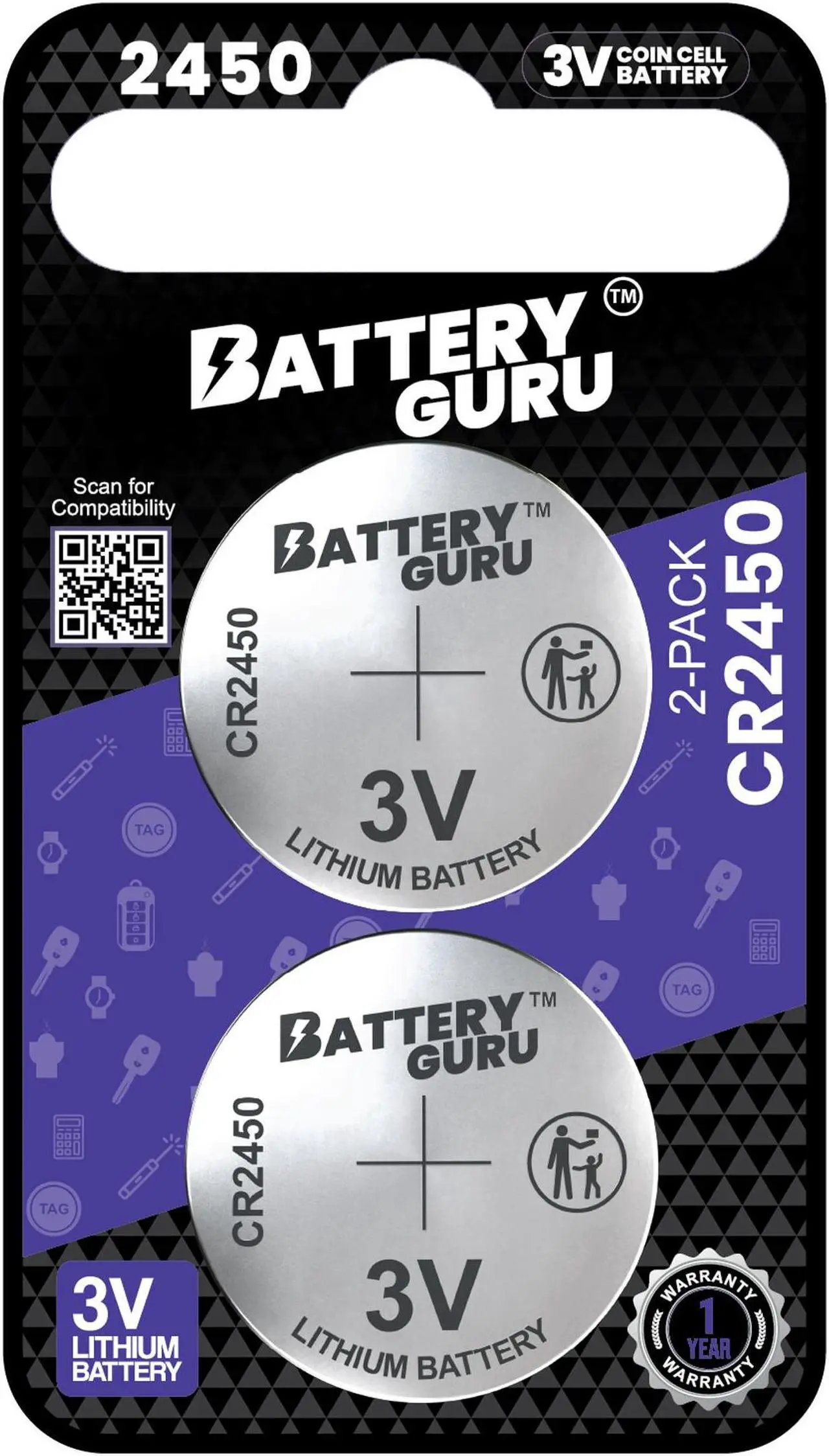 Main image of CR2450 3V Car Key Battery Pack of 2